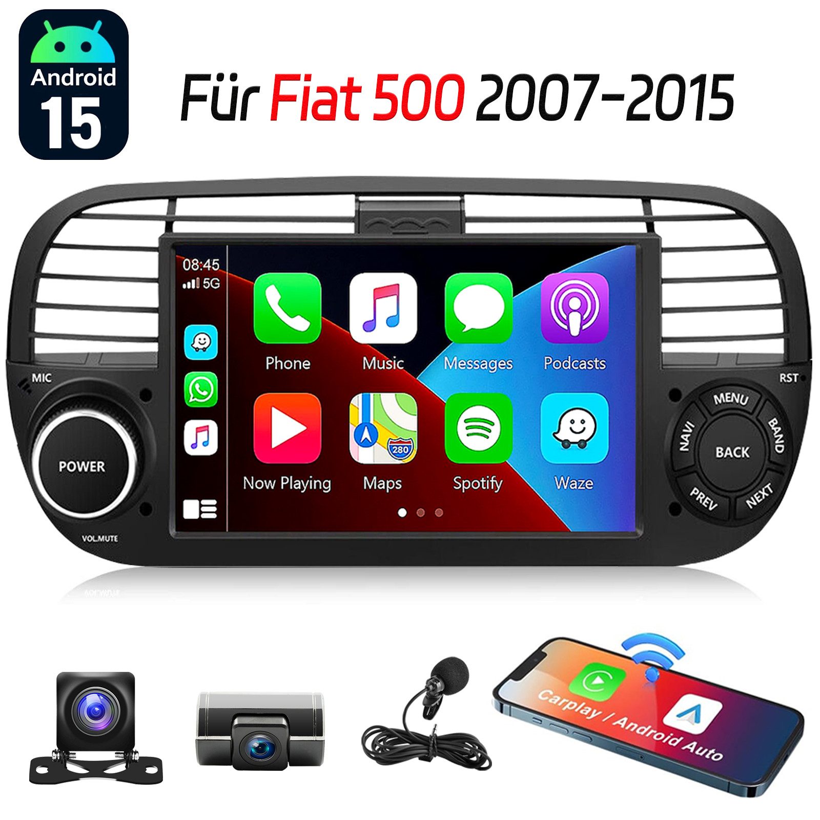 DAB+ Für 2007-15 Fiat 500 7" Android15 Carplay GPS RDS NAVI 4+64GB Autoradio