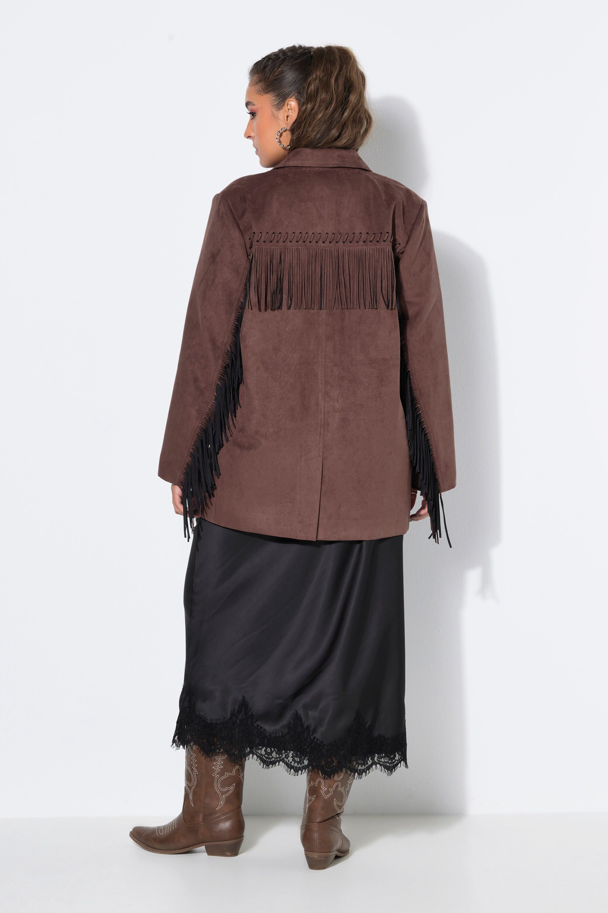 Studio Untold Blusenblazer Blazer oversized Velours Fakeleder Ärmelfransen