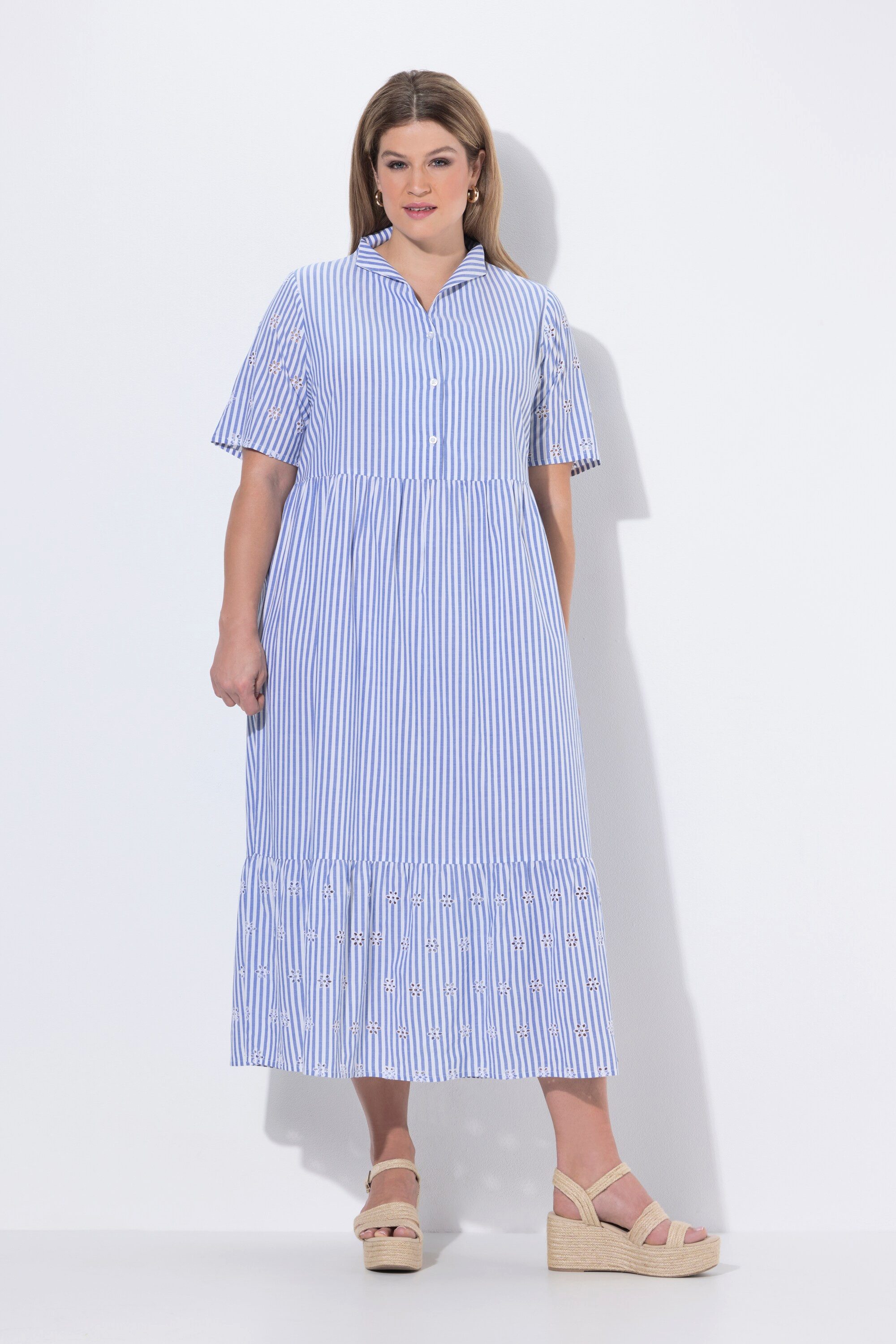 Ulla Popken Maxikleid Kleid Streifen A-Linie Kelchkragen Halbarm Taschen