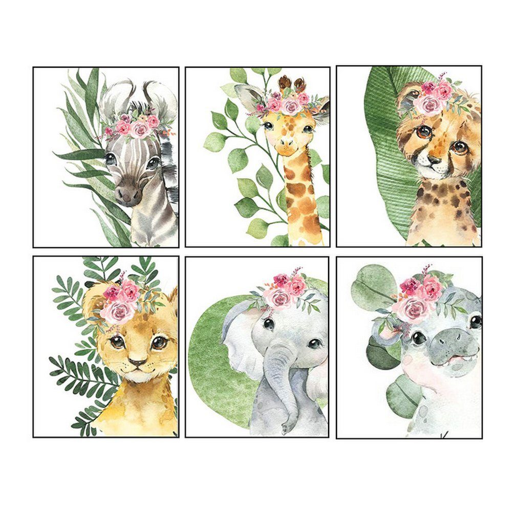 Pippolipo Плакат Изображения Babyzimmer Kinderzimmer Tiere Tiermotiv, (6er Set), Deko Wohnzimmer A4 Kinderposter Kinderbilder