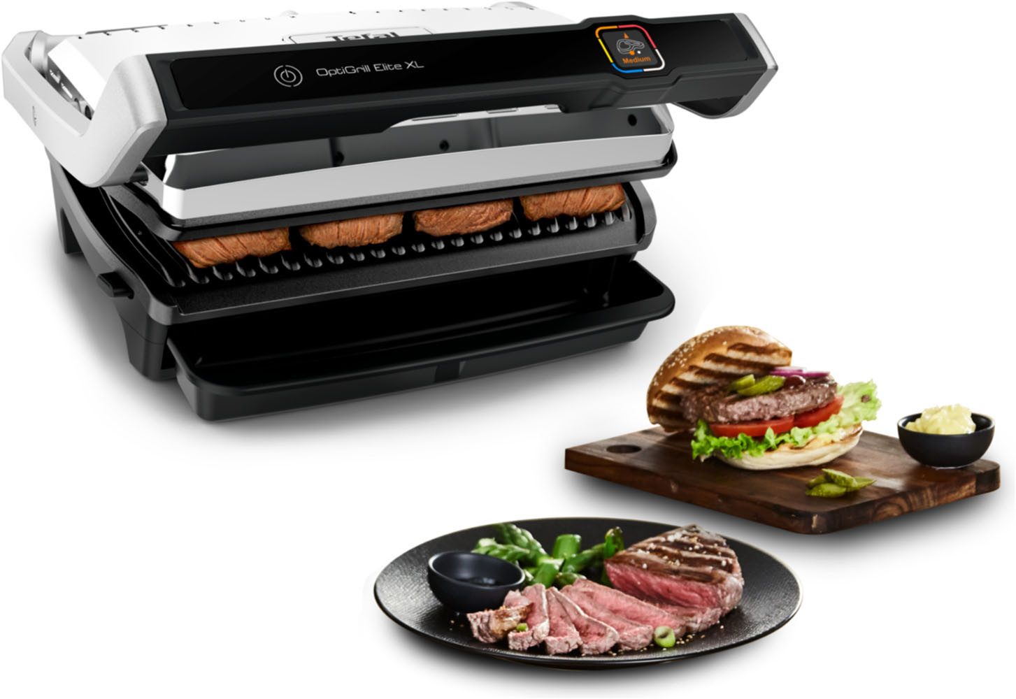 Tefal Kontaktgrill OptiGrill Elite XL, spülmaschinengeeignete Platten, 2200 W, Countdown zum Grillergebnis, Grillboost für Grillstreifen, GC760D