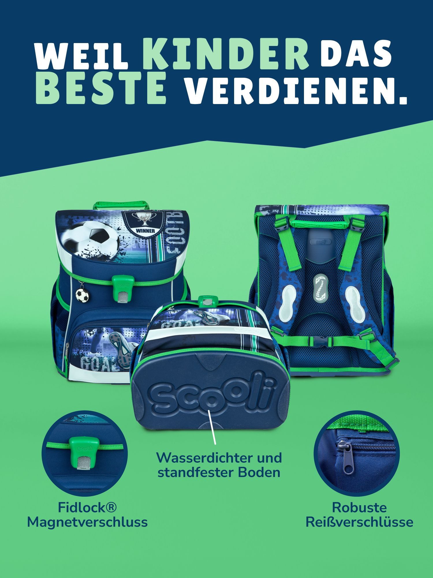 Scooli Schulranzen Campus Fit Fussball Schultasche, Soccer blau, ab 1. Klasse (Erweitertes Set, 9-tlg., mit Lunch-Set und Sporttasche), mit Brustgurt, 980 Gramm – Bild 5 von 5