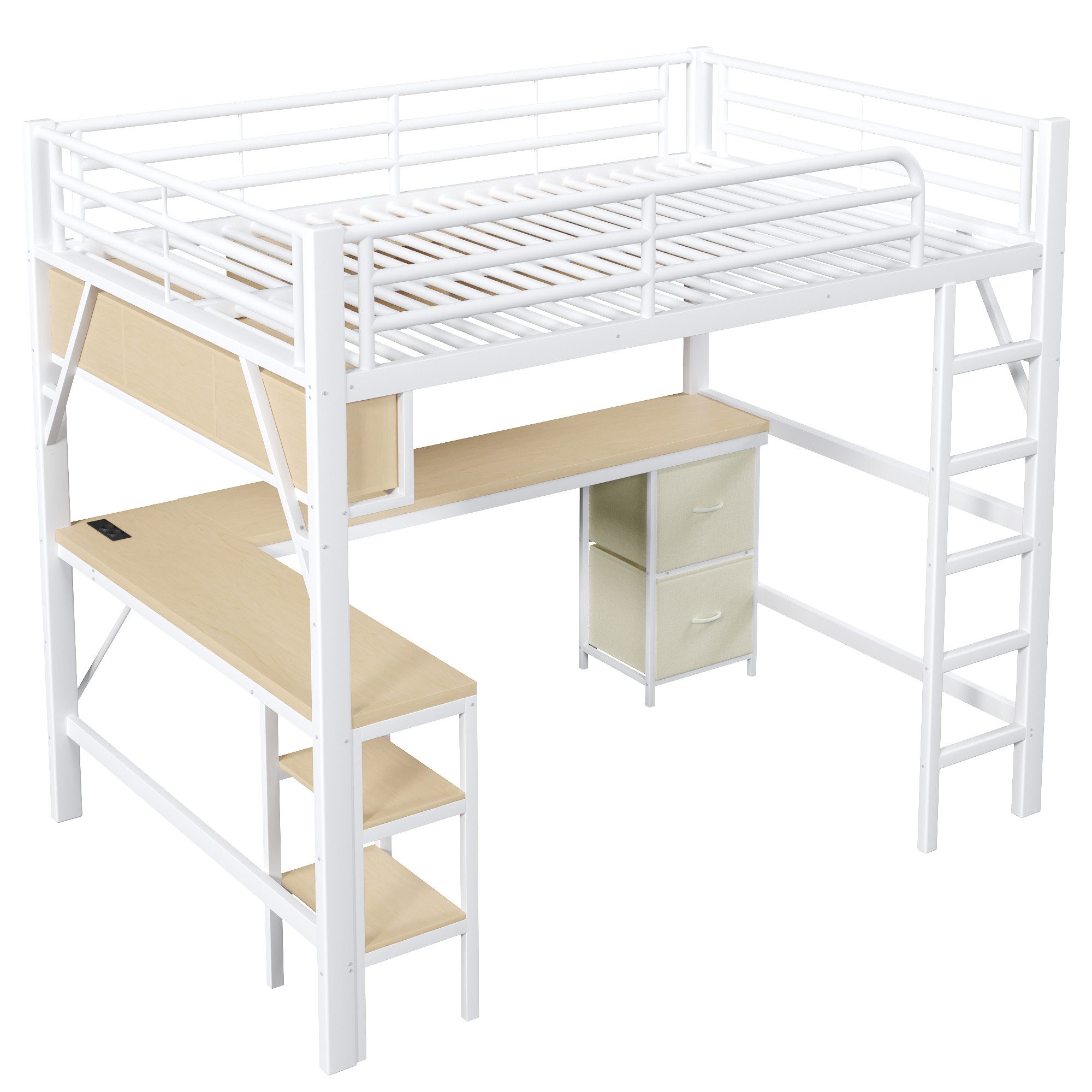 Merax Hochbett 140x200cm Metallbett mit LED-Beleuchtung & USB-Anschluss (1-St., Jugendbett Stockbett Einzelbett) Kinderbett mit Schreibtisch Bücherregal Ablagefächern Stauraum Leiter