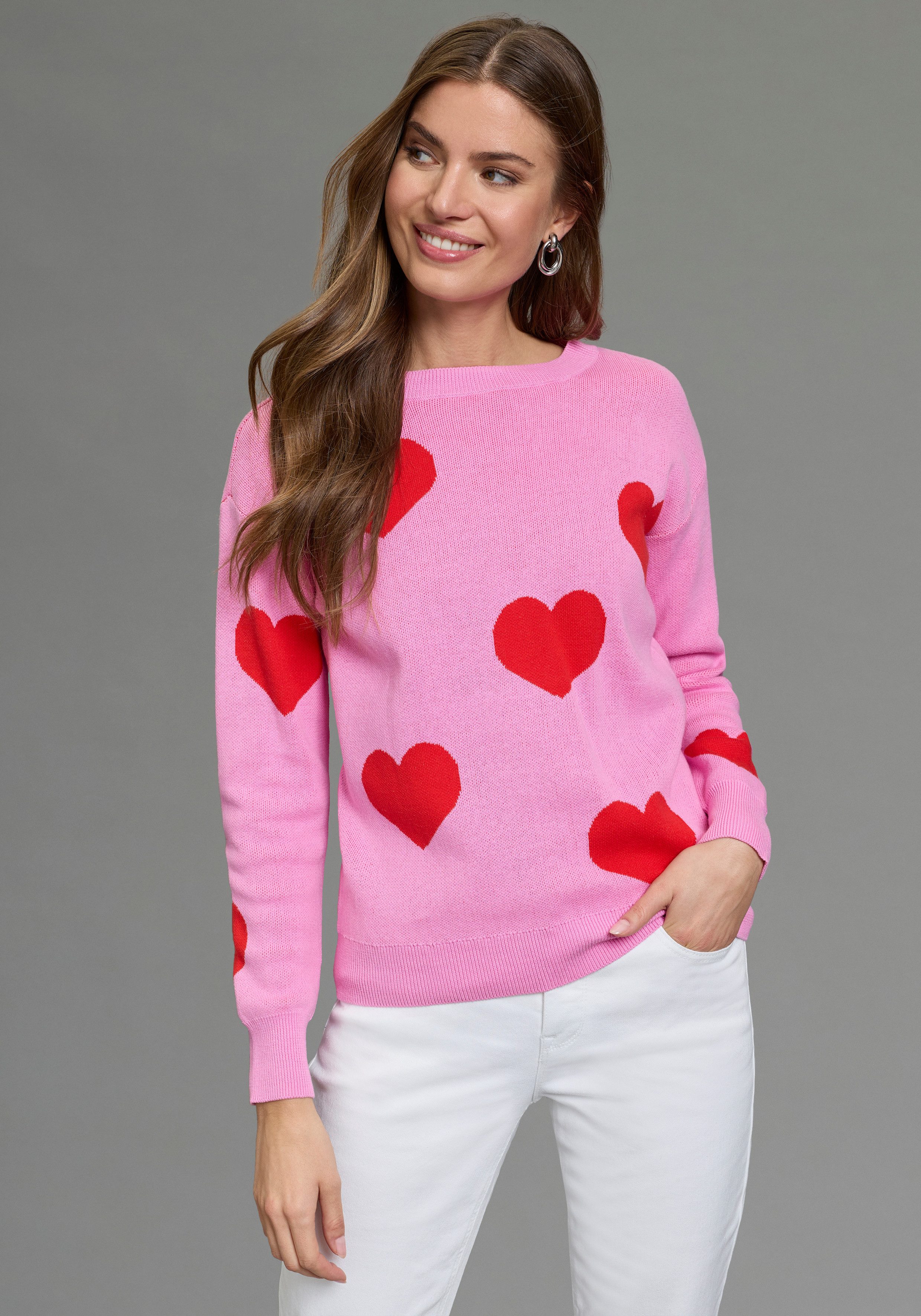 Laura Scott Jacquardpullover aus Baumwolle mit Herzmuster günstig online kaufen