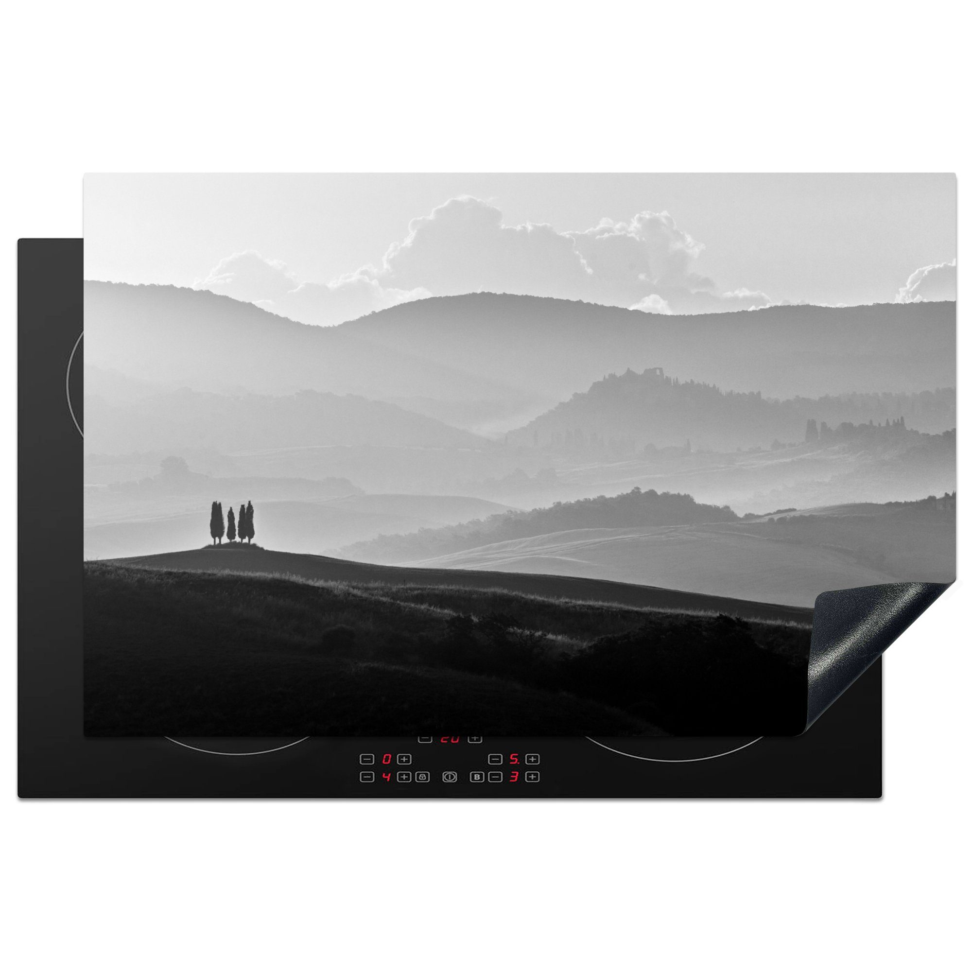 MuchoWow Herdblende-/Abdeckplatte Die Hügel der Toskana mit Blick auf die Landschaften - schwarz und, Vinyl, (1 tlg), 81x52 cm, Induktionskochfeld Schutz für die küche, Ceranfeldabdeckung