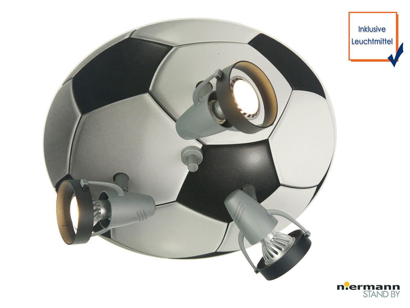 niermann LED Deckenstrahler für Kinder mit Holz & GU10 LED, Ø 35cm, dimmbar extern via Hausinstallation, LED wechselbar, Warmweiß, Deckenspots auf-Putz für Decke Kinder-Zimmer im Fußball-Design