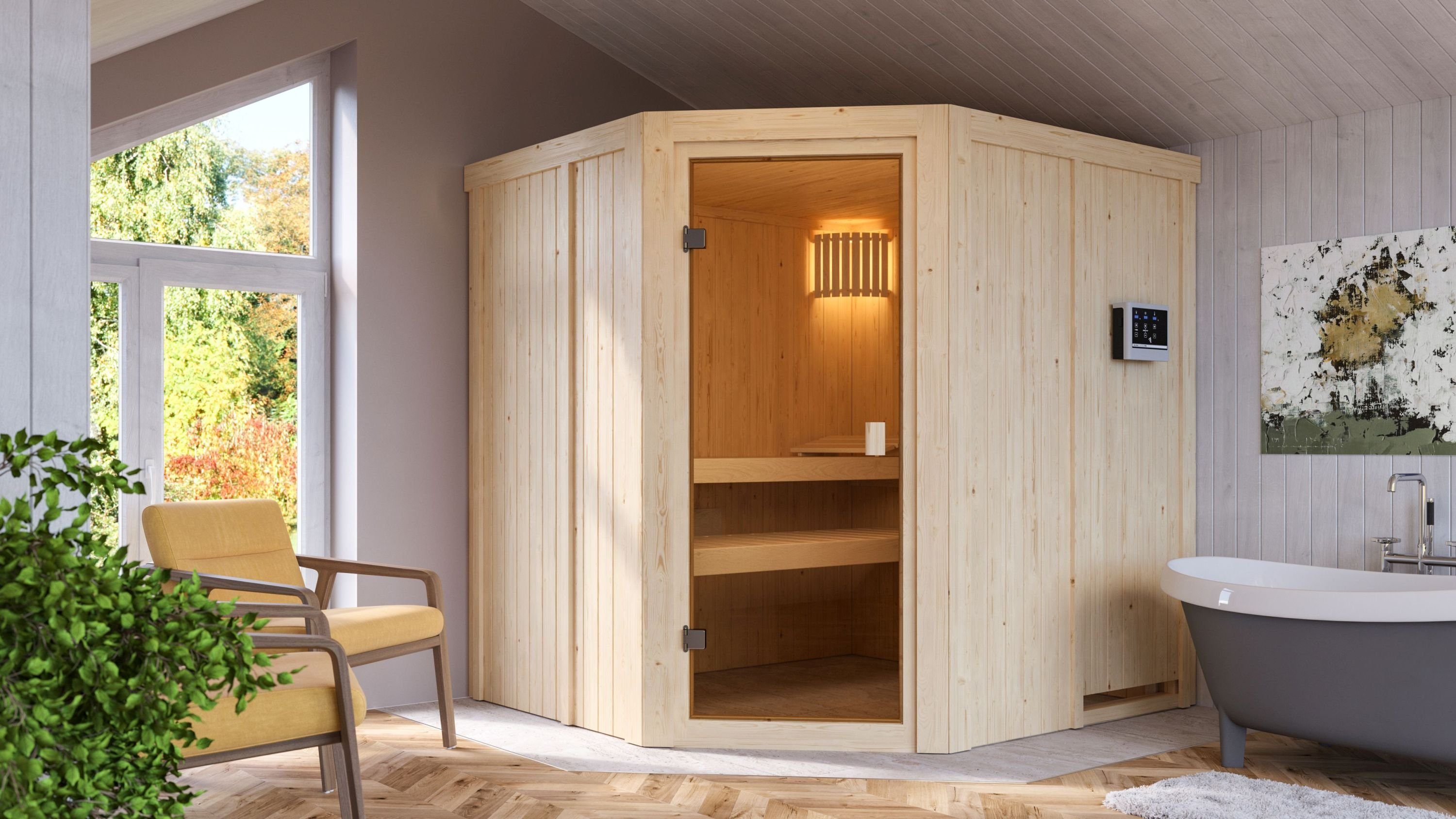 Karibu Saunahaus Innensauna Ella mit 9kW Bio Ofen und Steuergerät Easy, nordische Fichte, Karibu Qualität
