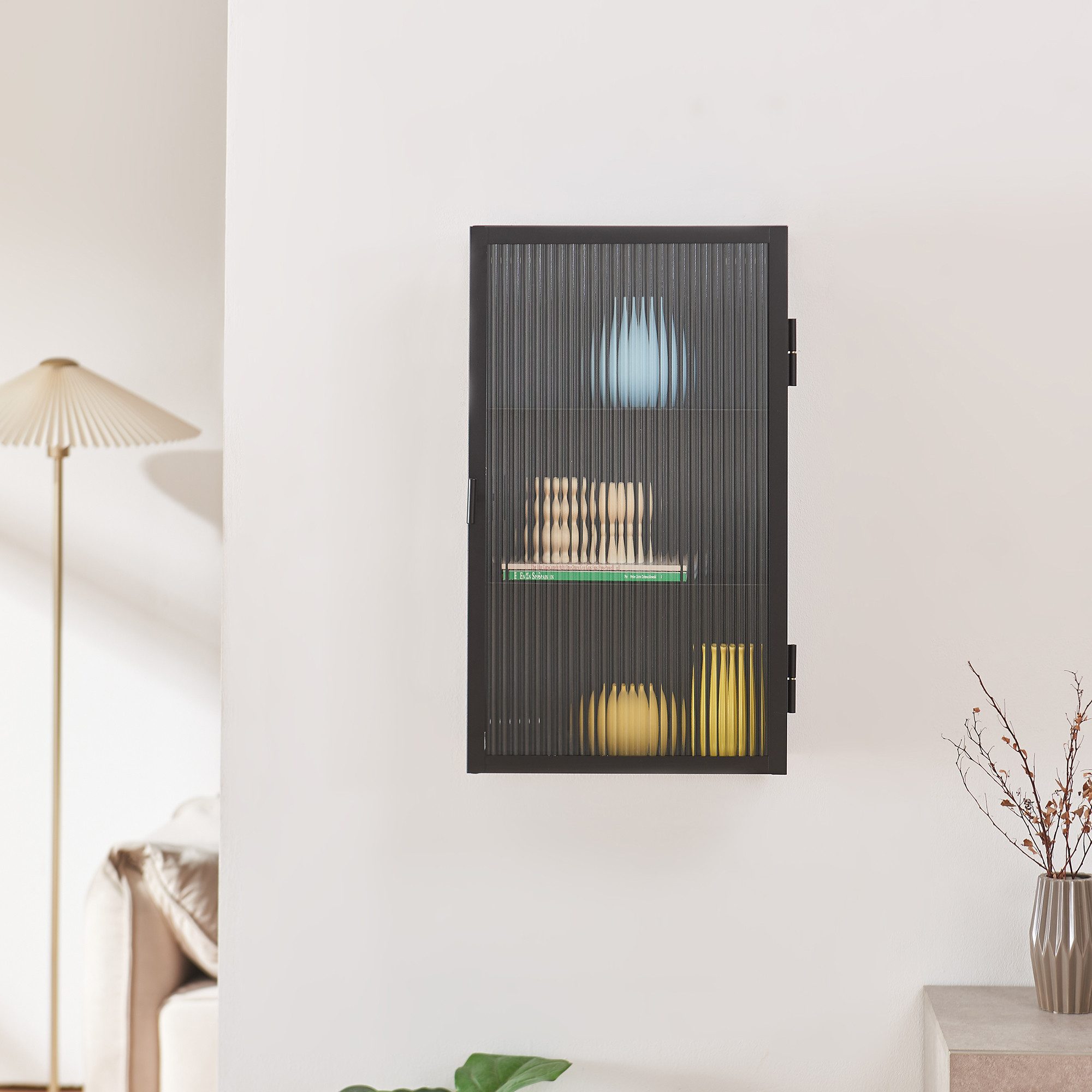 en.casa Hängeschrank »Zundert« 60 x 35 x 15 cm mit geriffelter Glastür Stahl Schwarz