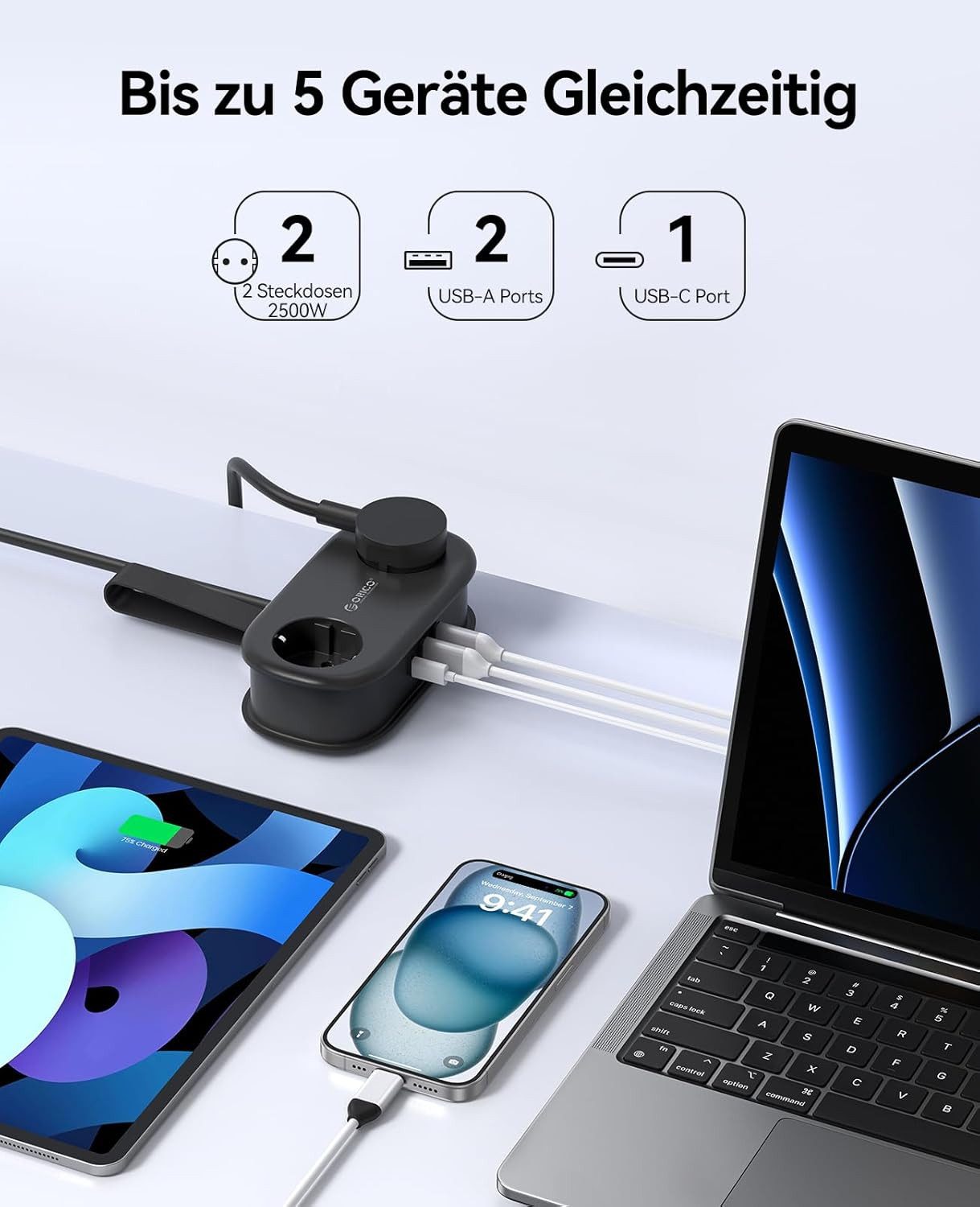 ORICO Steckdose AP3 20W Reisesteckdosenleiste mit USB-C PD, 1,5 m Kabel – kompakt für Reise & Home Office, 1-St., 2 Steckdosen & 3 USB-Anschlüssen, für Haushalt, Büro & Reise