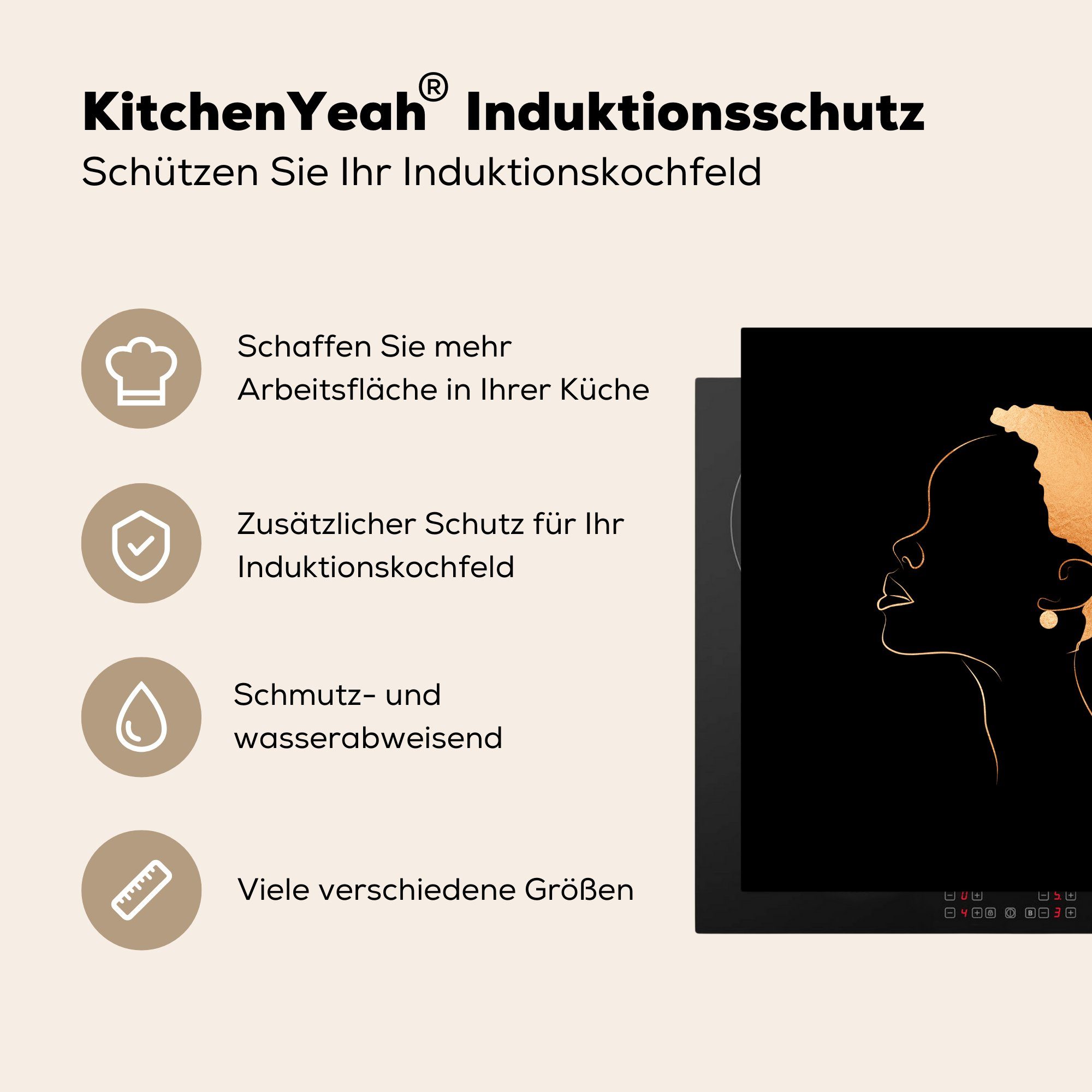 cm, (1 Strichzeichnung, Gold Vinyl, für und tlg), MuchoWow küche Ceranfeldabdeckung, - Schwarz - Arbeitsplatte Herdblende-/Abdeckplatte Frau 78x78
