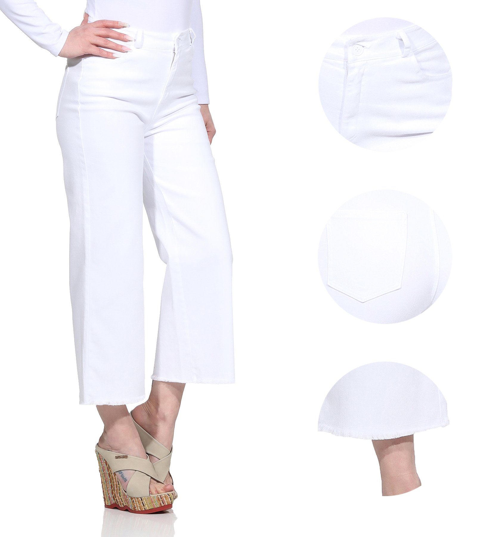 Gürtelschlaufen, Damenmode knöchelfrei, 100% Damen Baumwolle Weiß Jeans Leg Weite Jeans mit Wide Aurela für Culotte