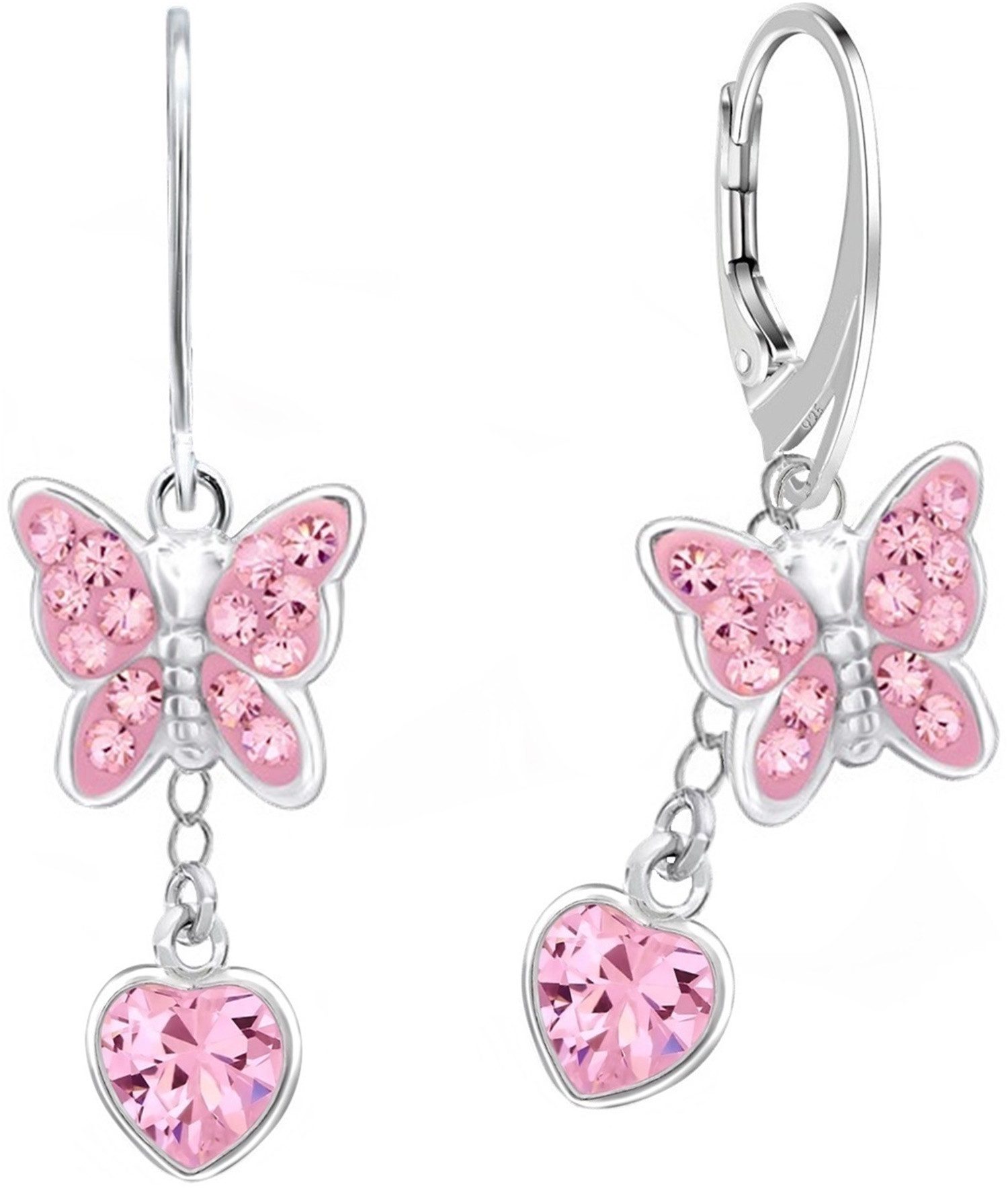 Paar Ohrhänger Schmetterling mit Rosa Herz Zirkonia Ohrringe 925 Silber