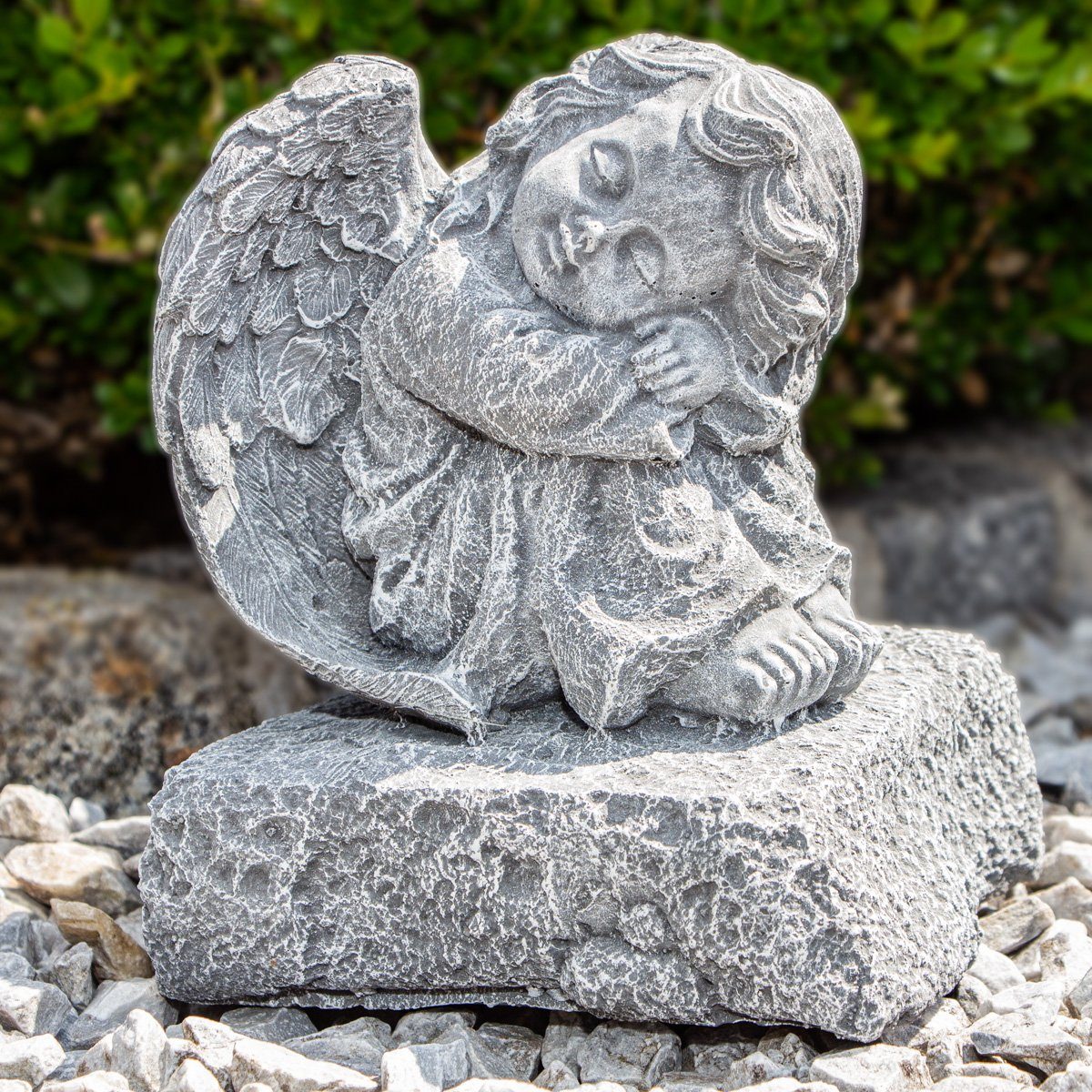 Antikas Gartenfigur Engel, Skulptur, groß, Steinsockel, Stein, Grau, H