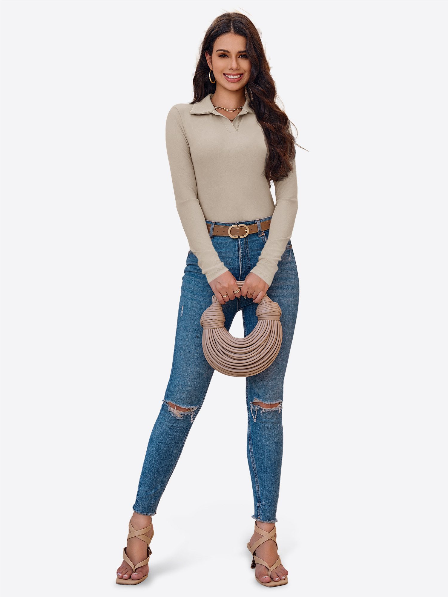 Imily Bela Poloshirt Damen Langärmliges Top mit aus Rippstrick (Packung, 1-tlg., 1per-Pack) V-Ausschnitt