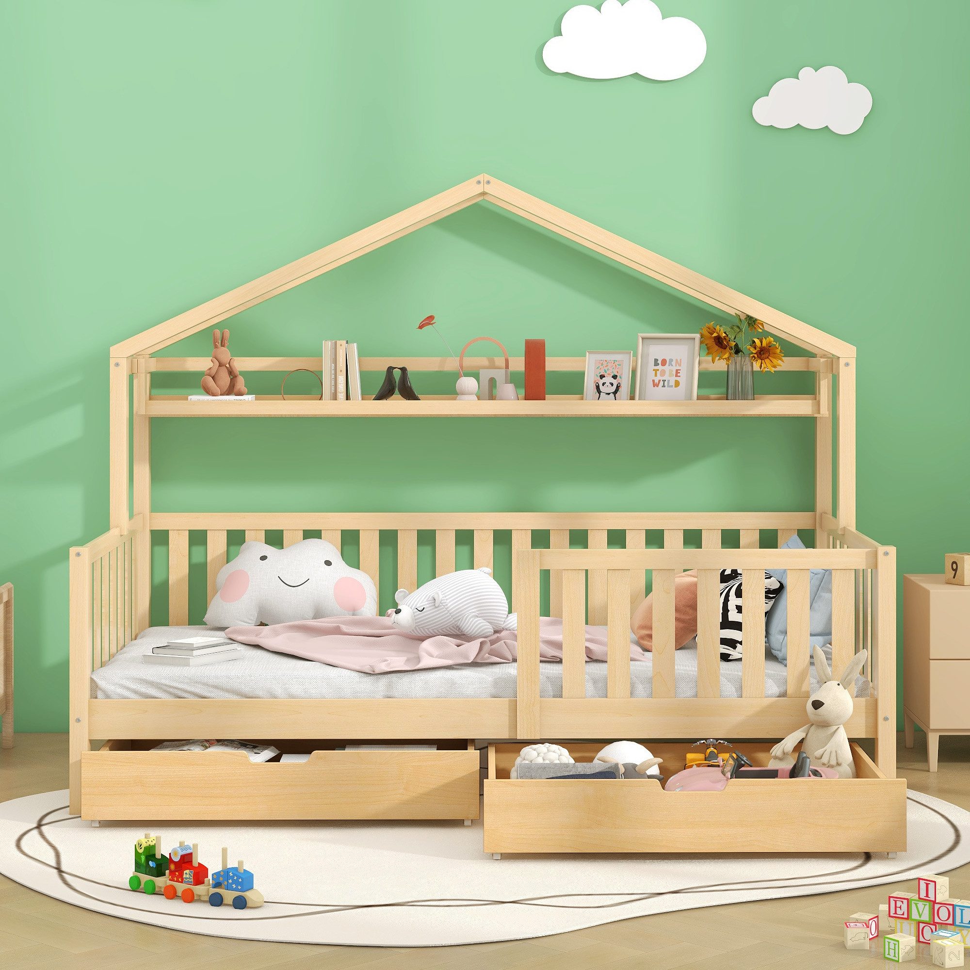 Flieks Kinderbett, Hausbett Einzelbett Kiefer 90x200cm mit Ablageregal und 2 Schubladen