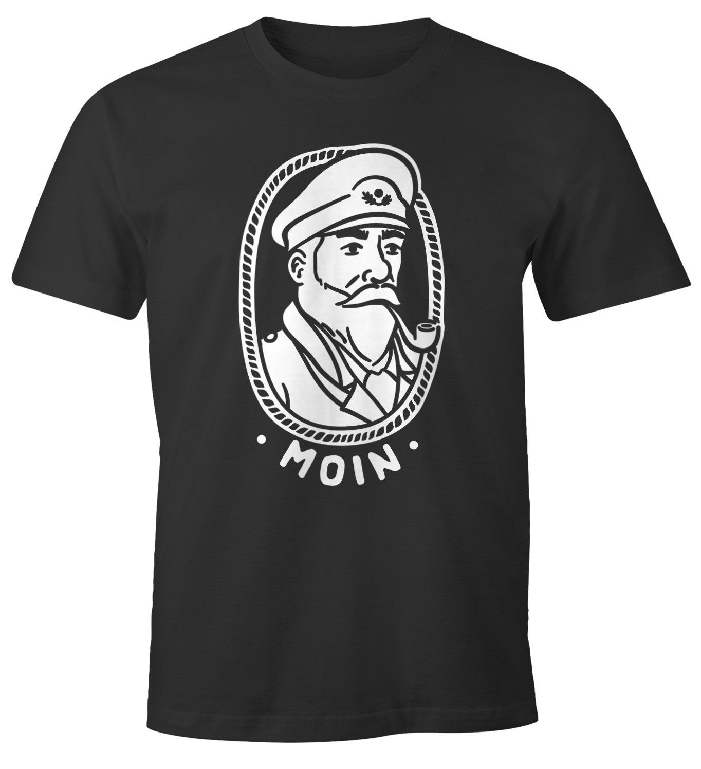 MoonWorks Print-Shirt Herren T-Shirt Kapitän Seemann mit Pfeife Schriftzug Moin Fun-Shirt Spruch lustig Moonworks® mit Print schwarz