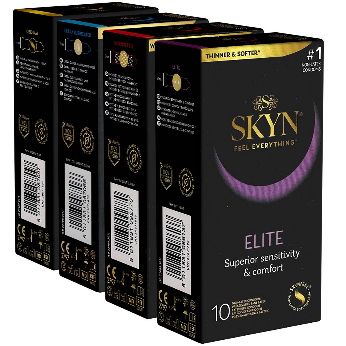 SKYN Kondome Probier-Set (Original, Extra Feucht, Intense & Elite) 4 Packungen mit je 10 Kondomen, insgesamt, 40 St., hypoallergene Kondome, ideal für Latexallergiker, latexfreie Kondome zum Ausprobieren und Genießen