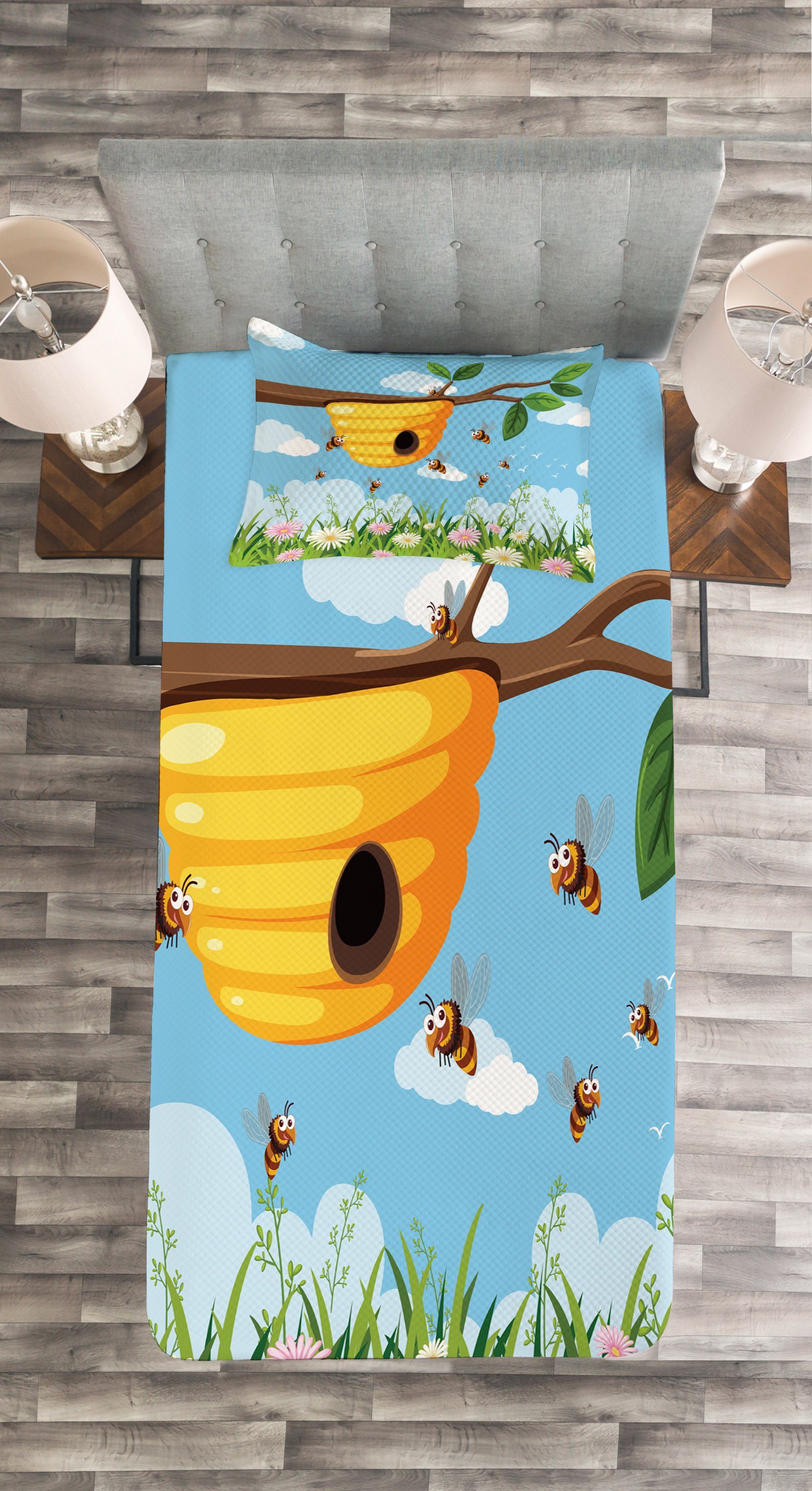 mit Waschbar, Set Natur Kissenbezügen Blumen Hive Reisig Abakuhaus, Tagesdecke Bees Bee