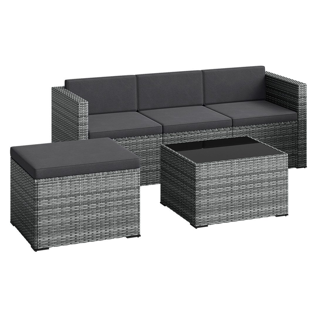 STEELSØN Sitzgruppe Zethora Gartenlounge Set aus Polyrattan, (grau/anthrazit, für 4 Personen), Outdoor Sitzgarnitur mit 3er Sofa, Hocker & Tisch