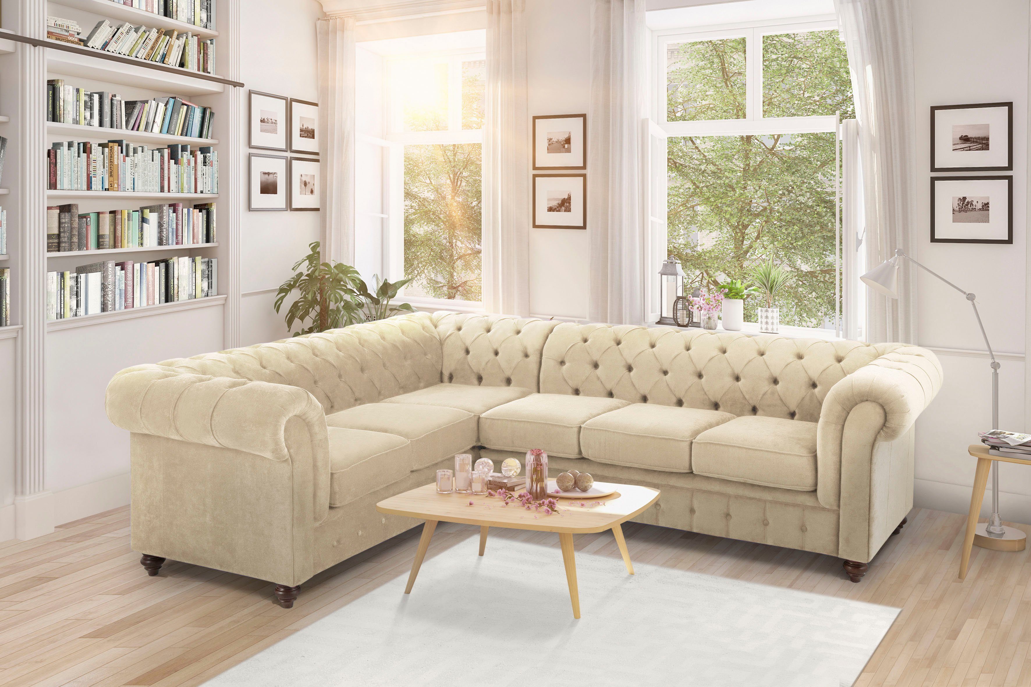 Home affaire Chesterfield-Sofa Duc Ecksofa L-Form, hochwertige Knopfheftung im Rücken, Samtoptik mit changierender Optik