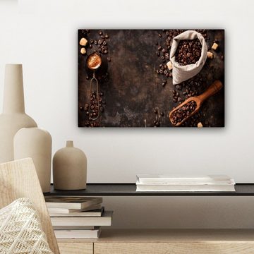 OneMillionCanvasses® Leinwandbild Kaffeebohnen - Kaffee - Beutel, (1 St), Wandbild Leinwandbilder, Aufhängefertig, Wanddeko, 30x20 cm