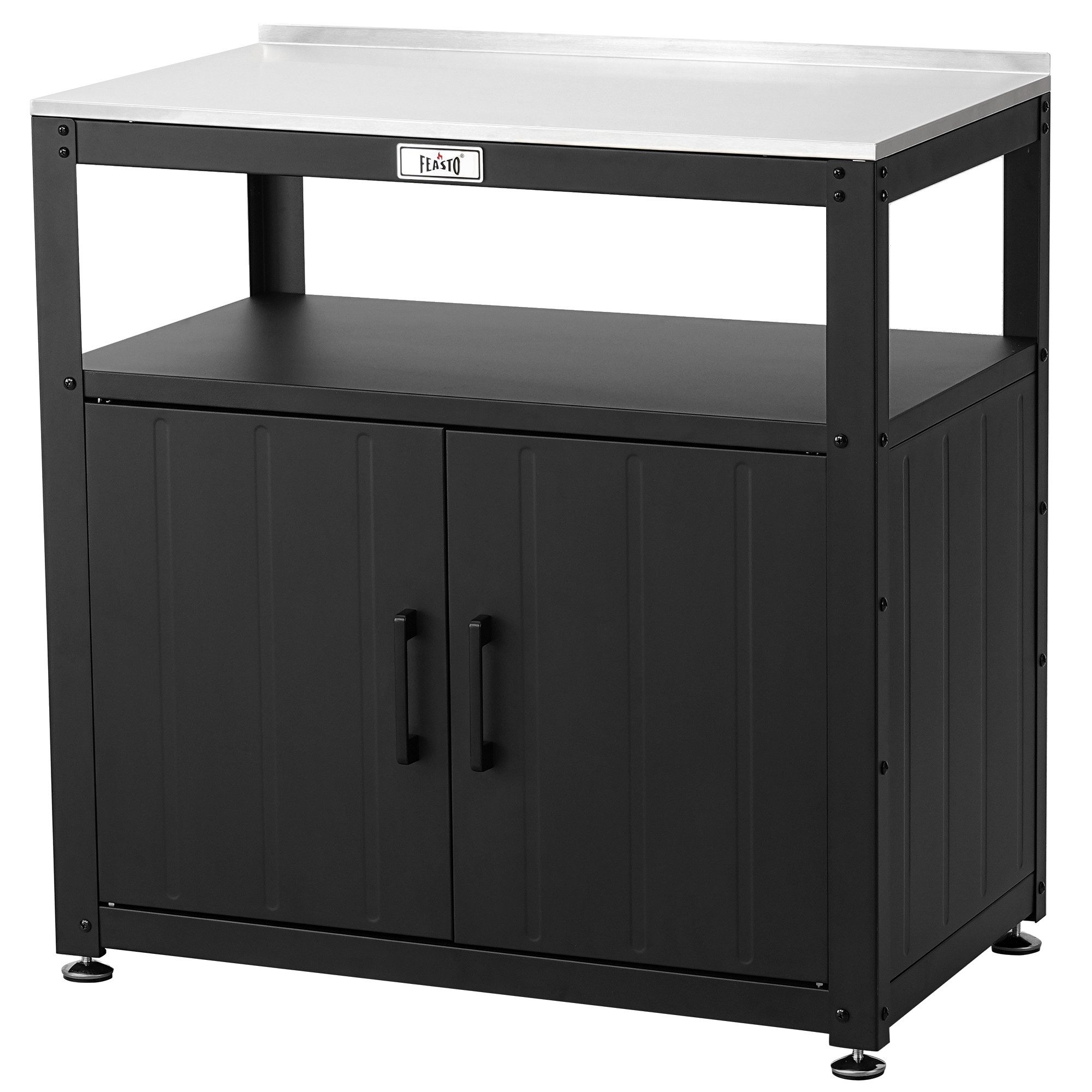 Feasto Servierwagen Gartenschrank wetterfest, Garten-Umtopftisch mit Schrank, 80x45x82 cm, Multifunktionaler Gartentisch mit Edelstahlplatte & großem Stauraum