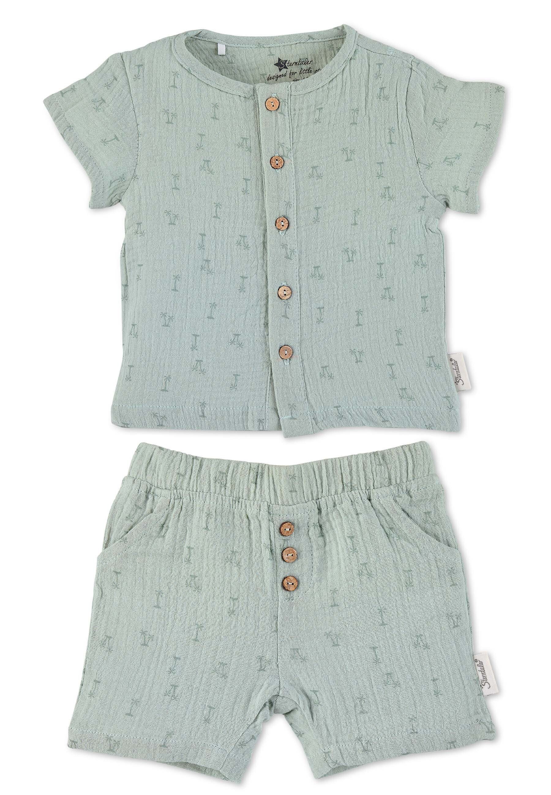 Sterntaler® Shirt & Hose Bekleidungs-Set Hemd und kurze Hose Palmen  (1-tlg., Set aus Kurzarmshirt mit Flügelärmchen und Pumphose) Baby Shirt  Hose aus Baumwoll-Musselin, Shirt Set Baby bedruckt