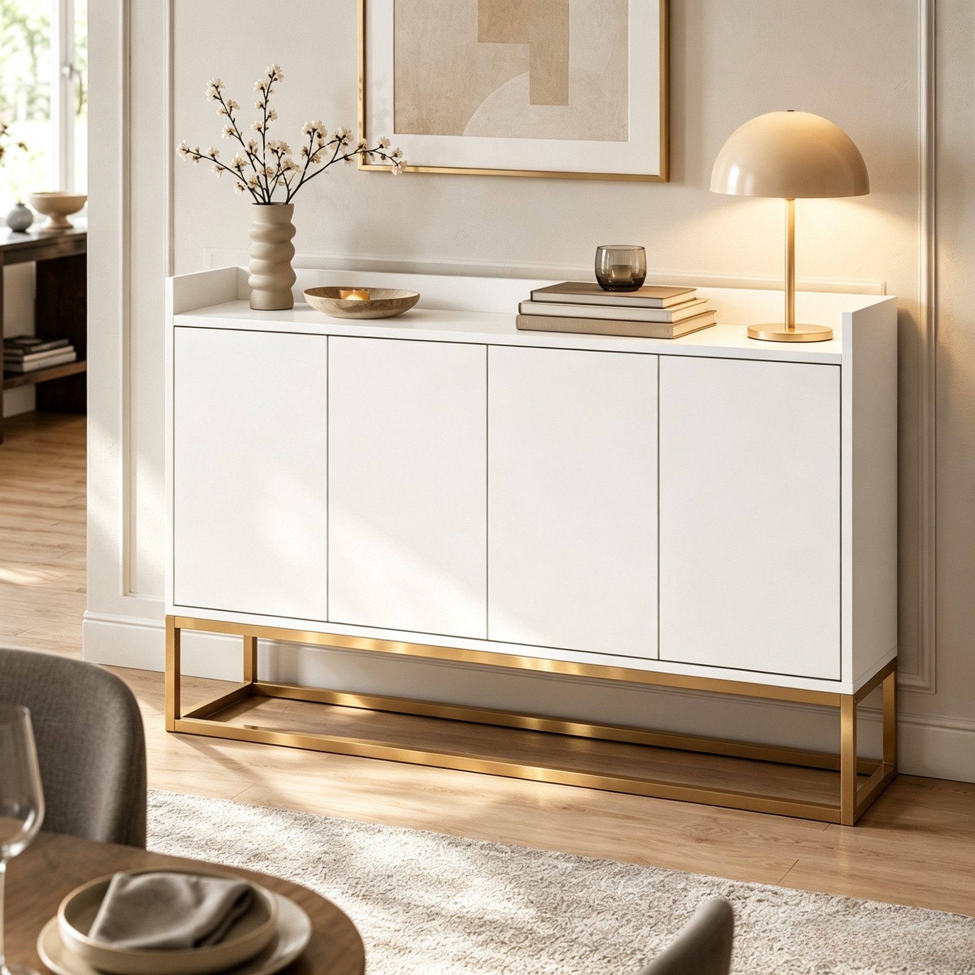 Simurq Sideboard Kommode Schrank mit 4 Türen, Push-to-Open, Breite 120 cm (Packung, 1 St., grifflos), Anrichte aus Holz mit höhenverstellbare Einlegeböden und Metallbeinen