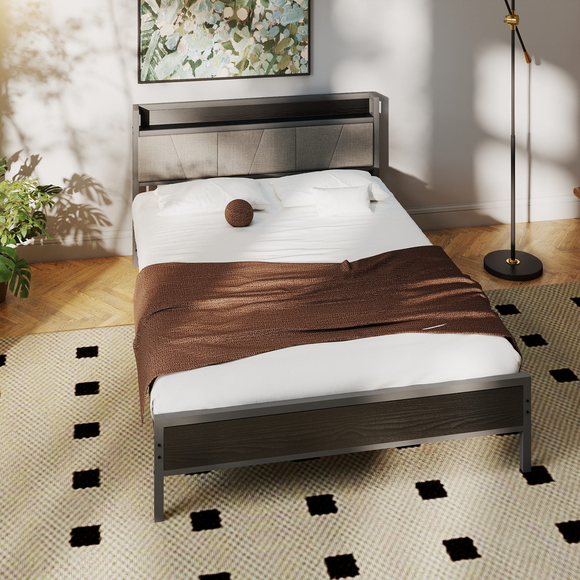 REDOM Metallbett Stauraum-Kopfteil (Einfach zu montieren, kostengünstige Wahl, Metallbett mit 1 Steckdosen, 2 USB-Ladeanschlüssen), 140x200cm,ohne Matratze