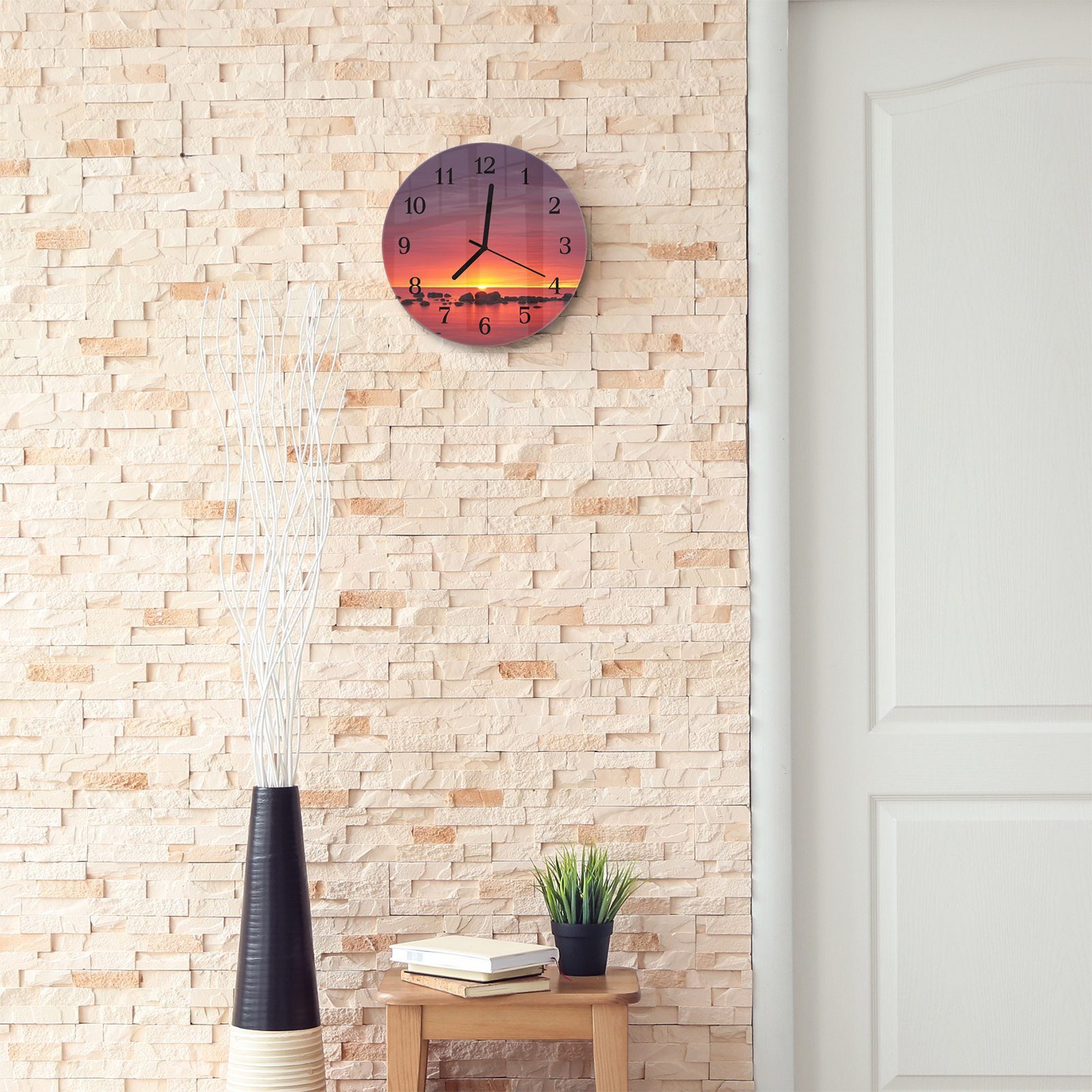 Wanduhr und am mit Glas 30 Motiv Durchmesser mit cm Meer aus Quarzuhrwerk - Wanduhr Sonnenuntergang Rund Primedeco