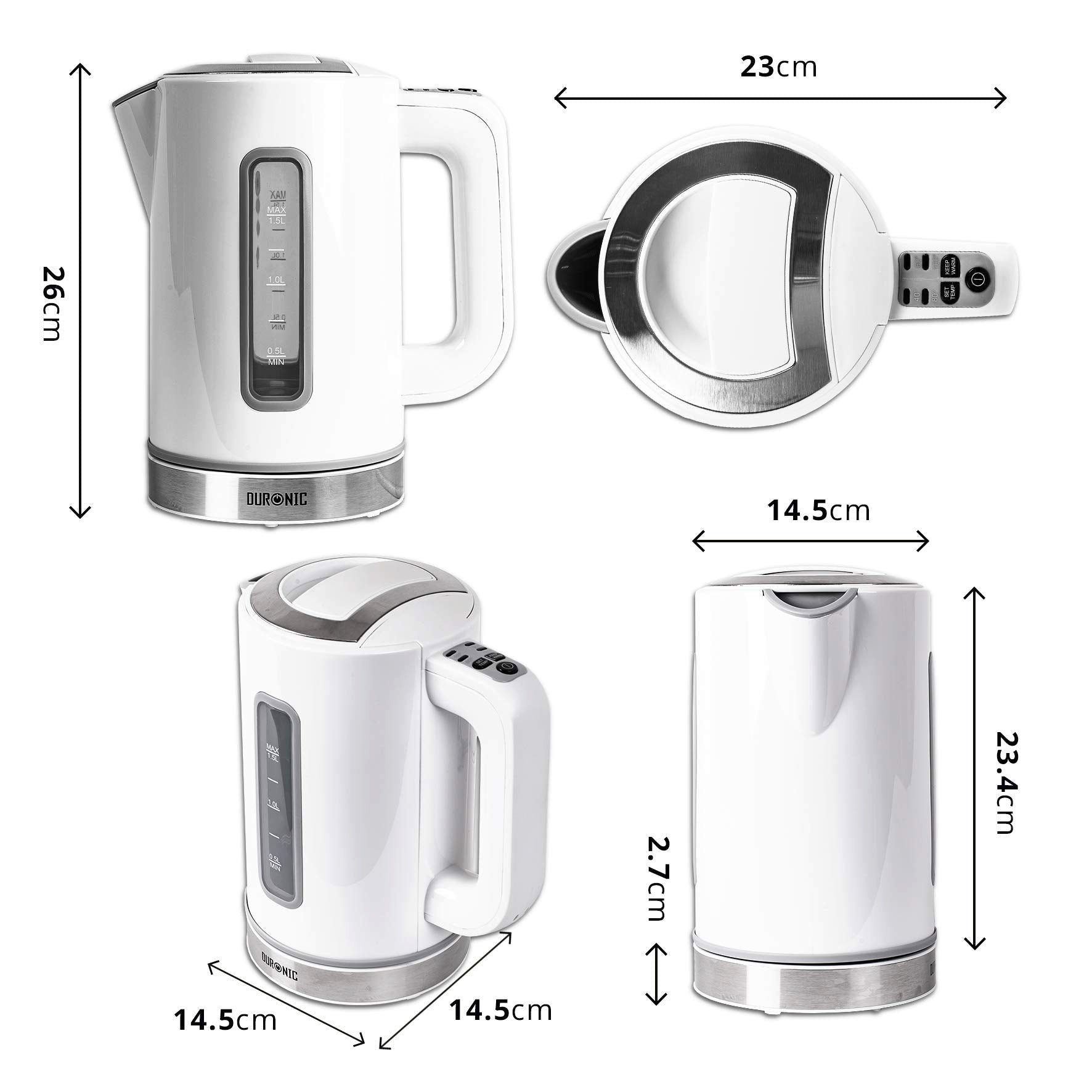 Duronic Wasserkocher, EK30 WE Wasserkocher 3000 Watt, 1,5 L, Thermostat Warmhaltefunktion