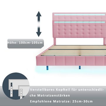 Gotagee Polsterbett Polsterbett 160x200cm LED Doppelbett Gästebett Leinen Rosa Bettgestell