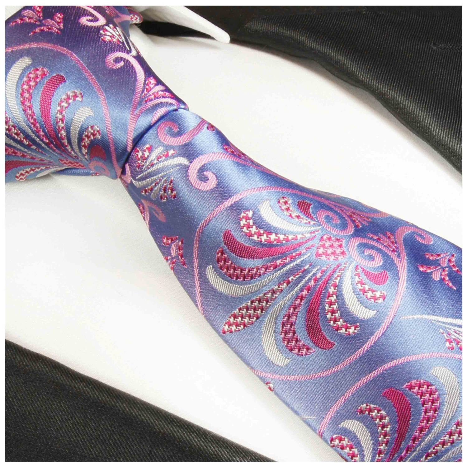 modern Seide Tuch Elegante Krawatte floral 1011 100% Schmal pink Seidenkrawatte Herren (Set, mit blau Einstecktuch) (6cm), Malone mit Krawatte 2-St., Paul