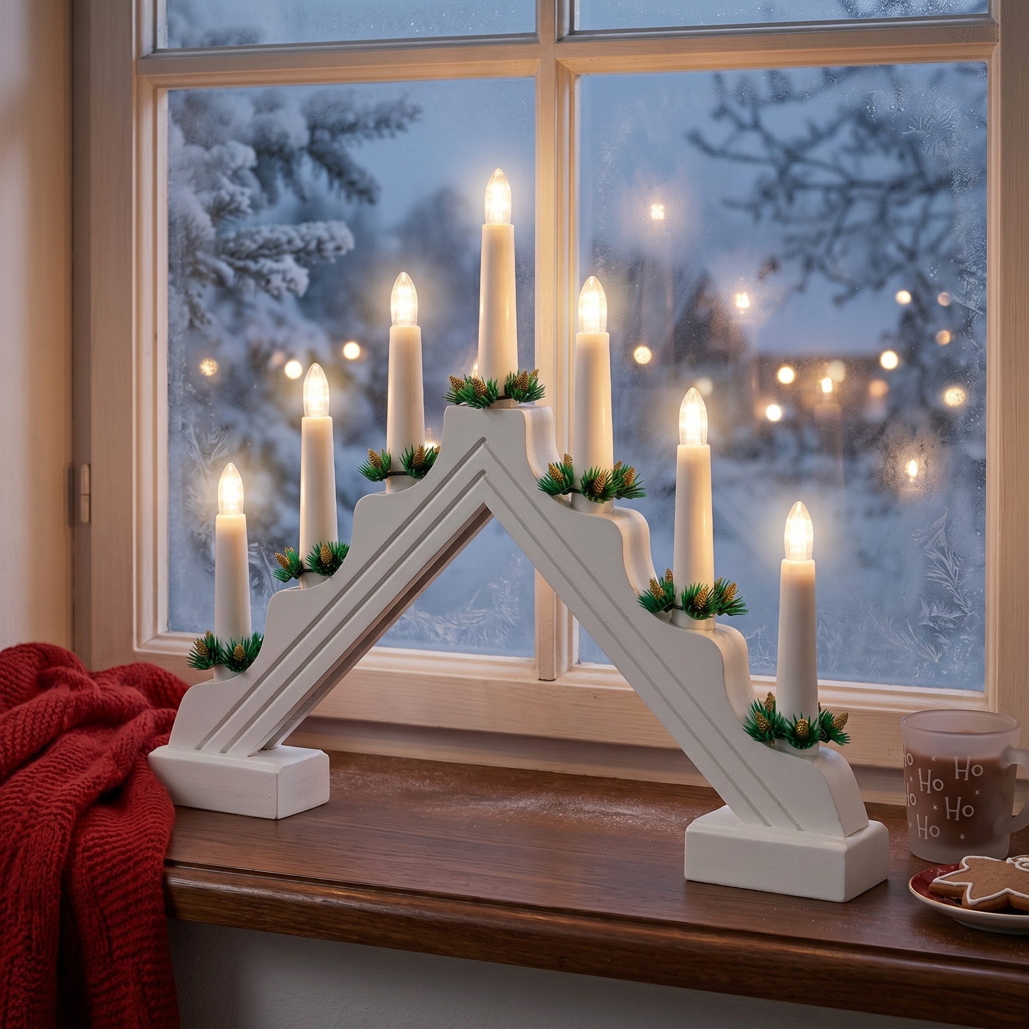 queence Weihnachtspyramide LED-Fensterdekoration Holz weiß mit Tanne, 40x32cm mit 7 Lichtern, Batteriebetrieben
