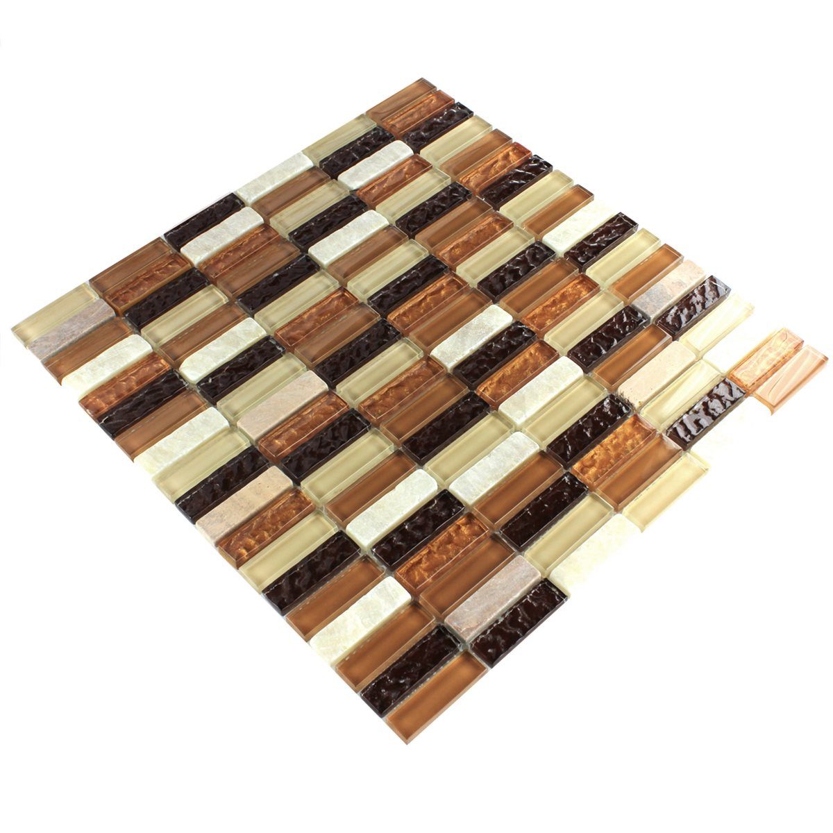 Mosafil Mosaikfliesen Mosaikfliesen Onyx Glas Stäbchen Braun Beige, Naturstein-Glas-Marmor-Onyx 32.200x31.000, weiß-beige-braun, Verlegefertig auf ein Netz geklebt - Wasserfest