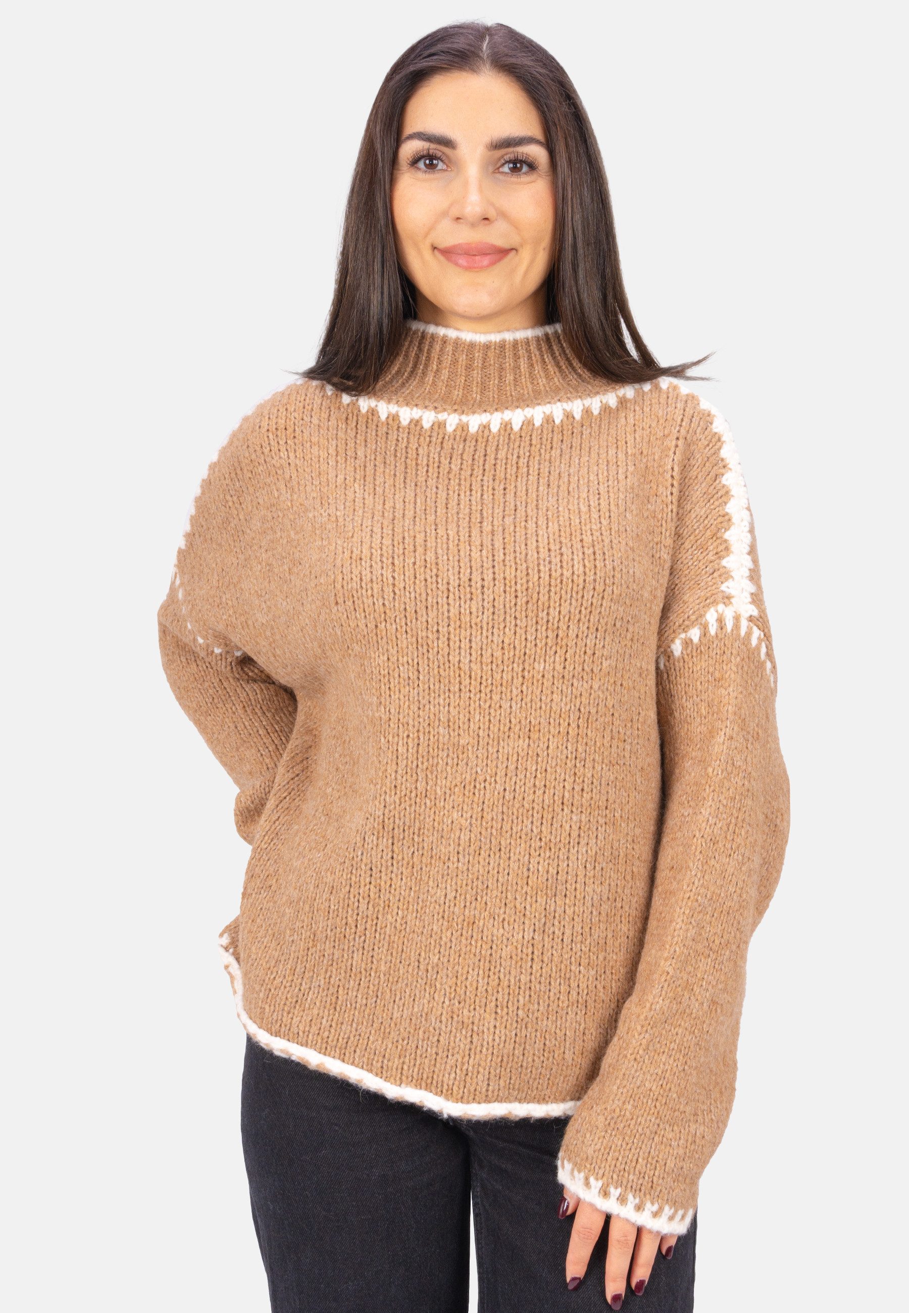 Seasons of April V-Ausschnitt-Pullover JOLIE Damen Strickpullover mit Stehkragen und Farbakzenten