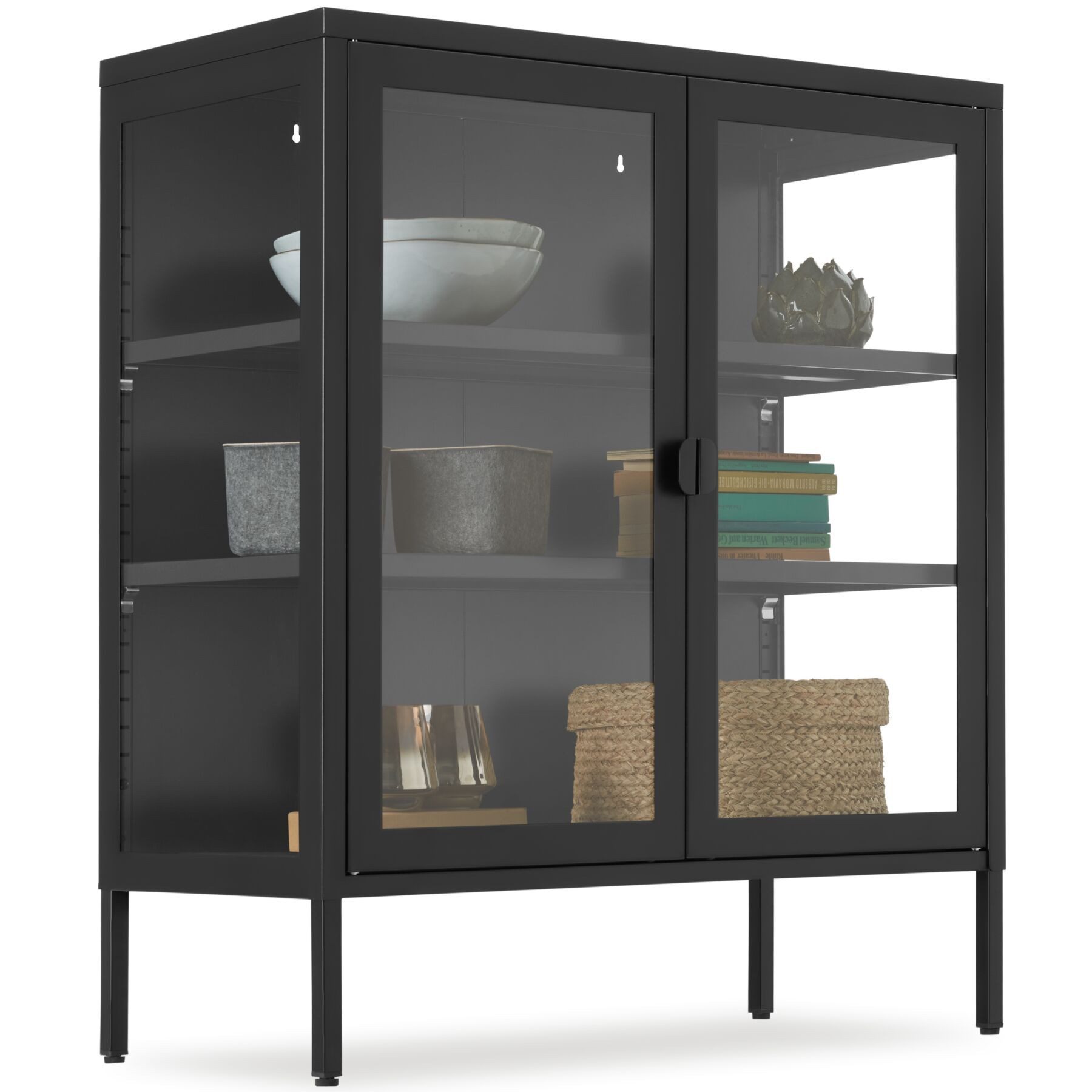 tectake Lowboard Metallvitrine, Kippschutz, höhenverstellbare Füße, 80 x 37 x 90,5 cm (Glasvitrine Baker, in schwarz), Glastüren mit Magnetverschluss, verstellbare Zwischenböden, Stahl