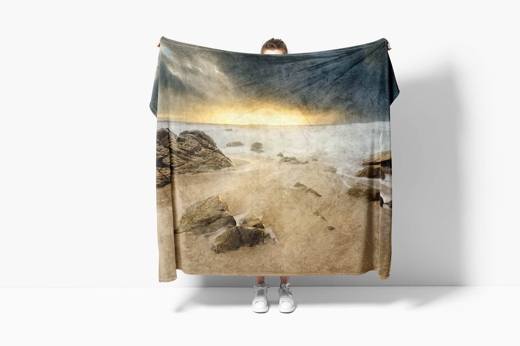 Kuscheldecke (1-St), Art Handtücher Fotomotiv Sonn, mit Strand Saunatuch Sinus Handtuch Baumwolle-Polyester-Mix Felsen Handtuch Strandhandtuch