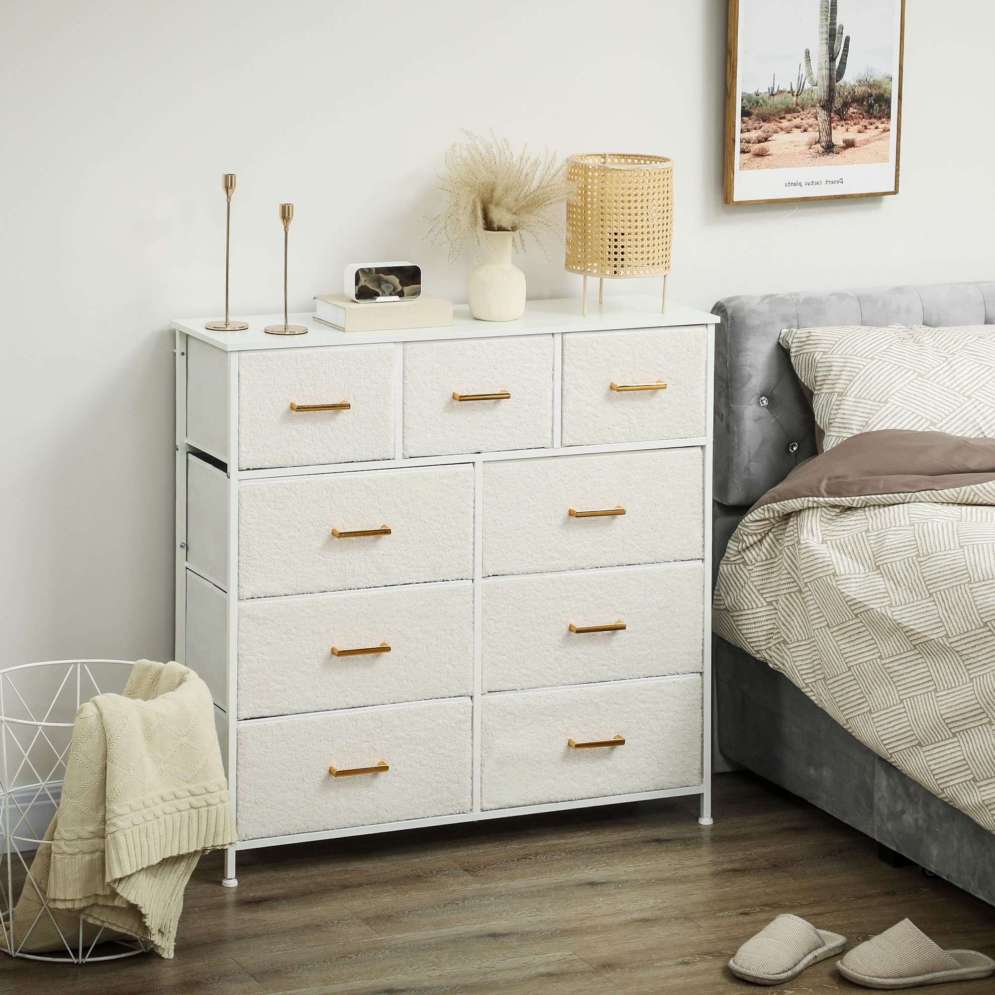 HOMCOM Kommode Sideboard mit 9 Stoffschubladen (Schubladenschrank mit Arbeitsplatte, Griff, 1 St., Aufbewahrungsschrank für Wohnzimmer, Schlafzimmer), Cremeweiß