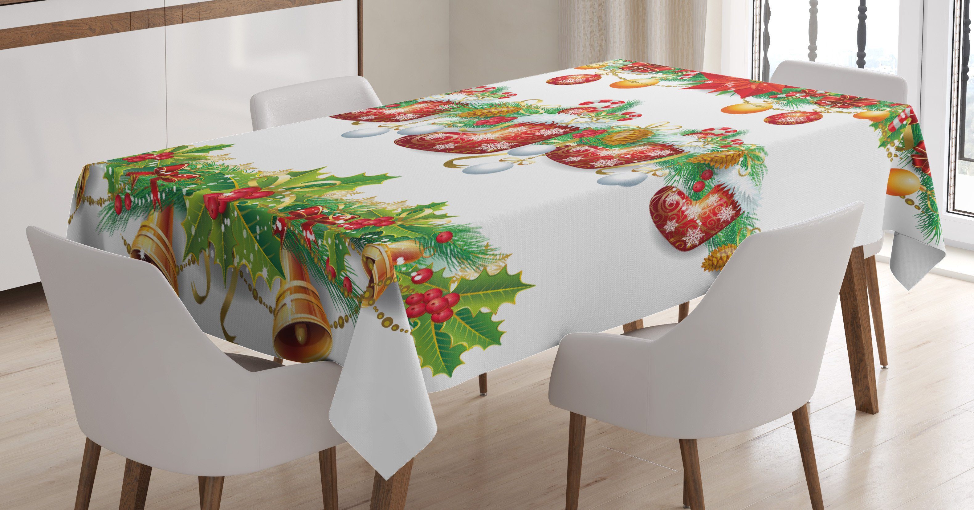 Abakuhaus Tischdecke Farbfest Waschbar Für den Außen Bereich geeignet Klare Farben, Weihnachten Blumen Socken und Glocken
