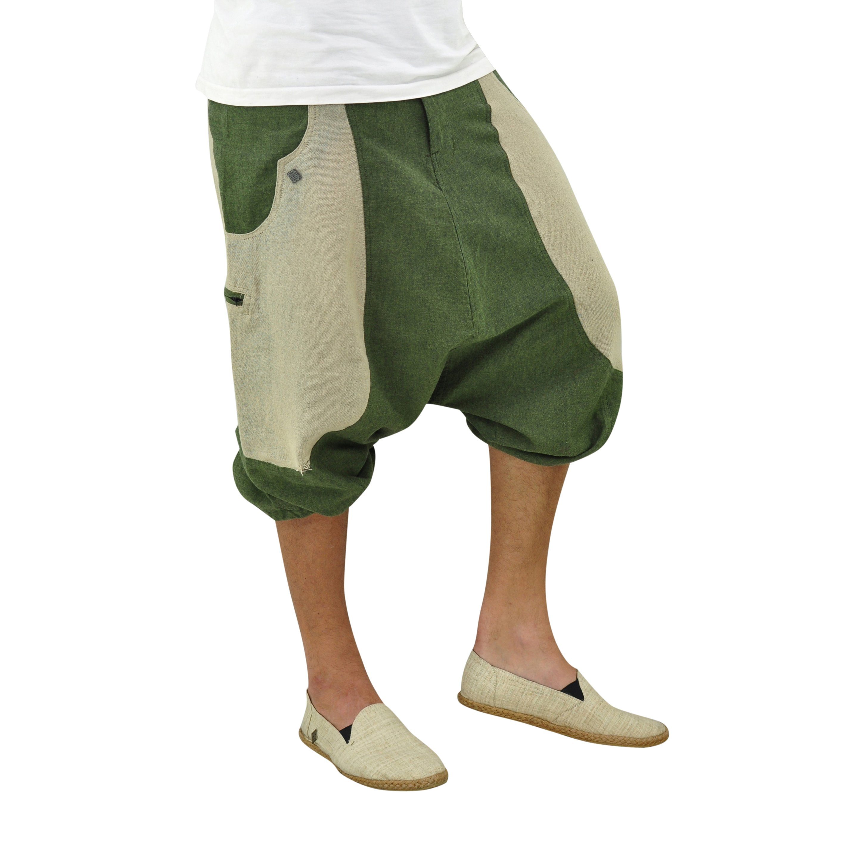 & grün Shorts Goa Unisex, Haremshose virblatt Haremshose kurze 2 kurz mitteltief Schritt, Farbblock-Design, Reißverschlusstaschen fallender Herren Damen, Hose
