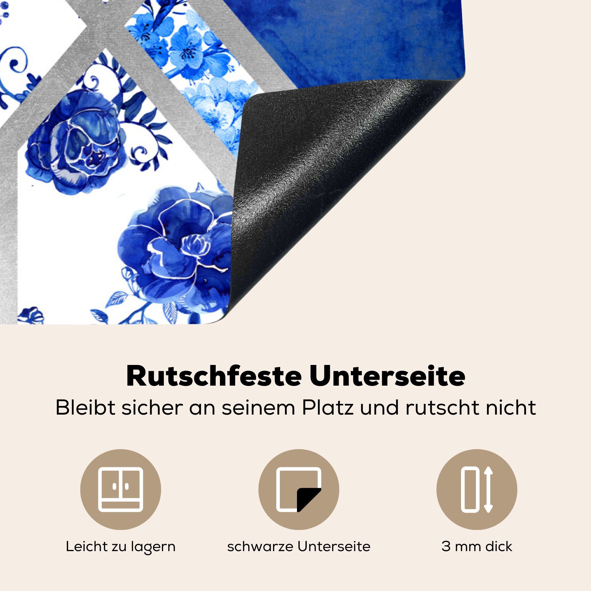 MuchoWow Herdblende-/Abdeckplatte Design küche, Schutz - die Delfter (1 Luxus, 81x52 Induktionskochfeld tlg), für Vinyl, - Blau cm, Ceranfeldabdeckung