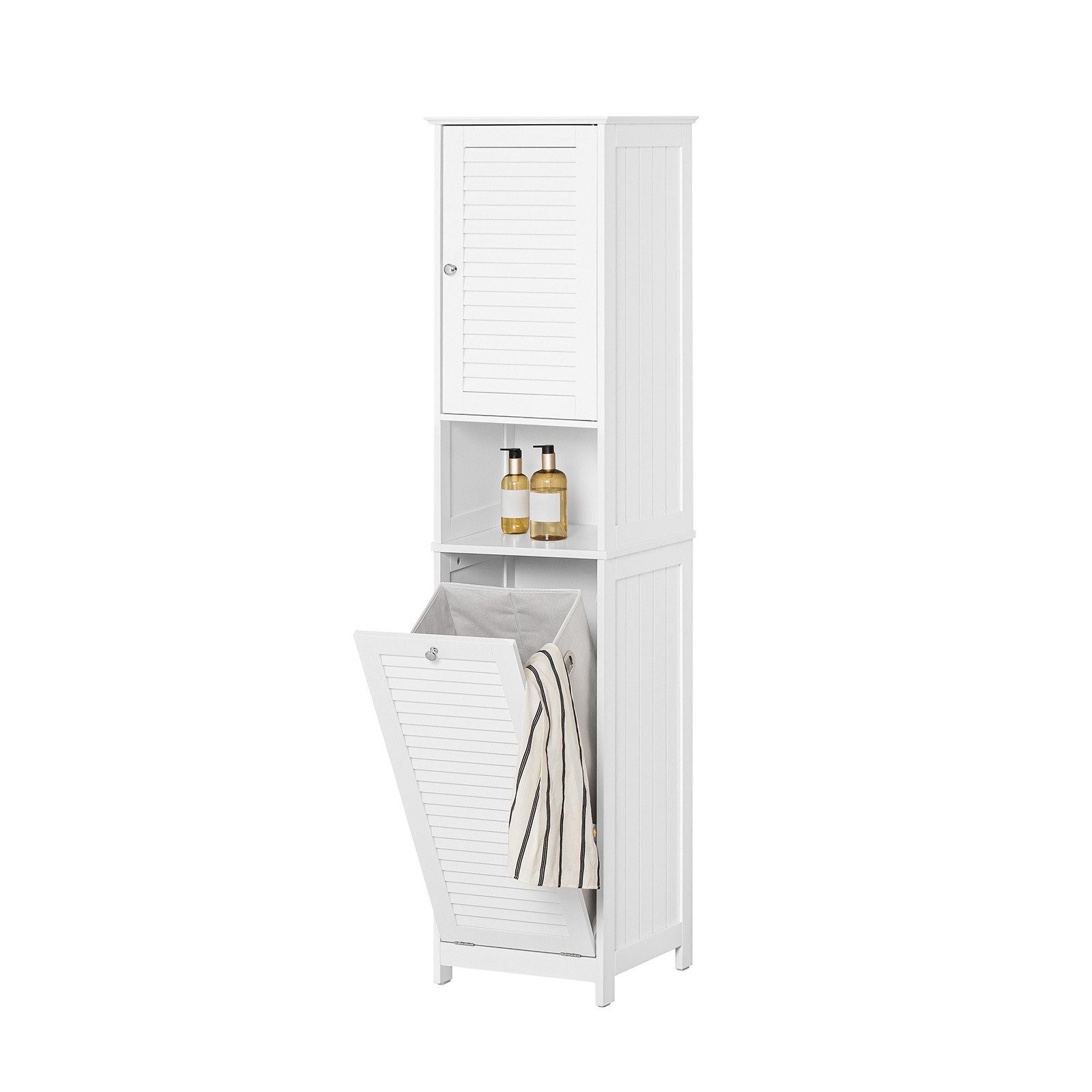 SoBuy Hochschrank BZR124, Badschrank schmal, Badschrank mit Regal, Badezimmer Schrank Badezimmerschrank mit Wäschesack Wäscheschrank Badezimmermöbel