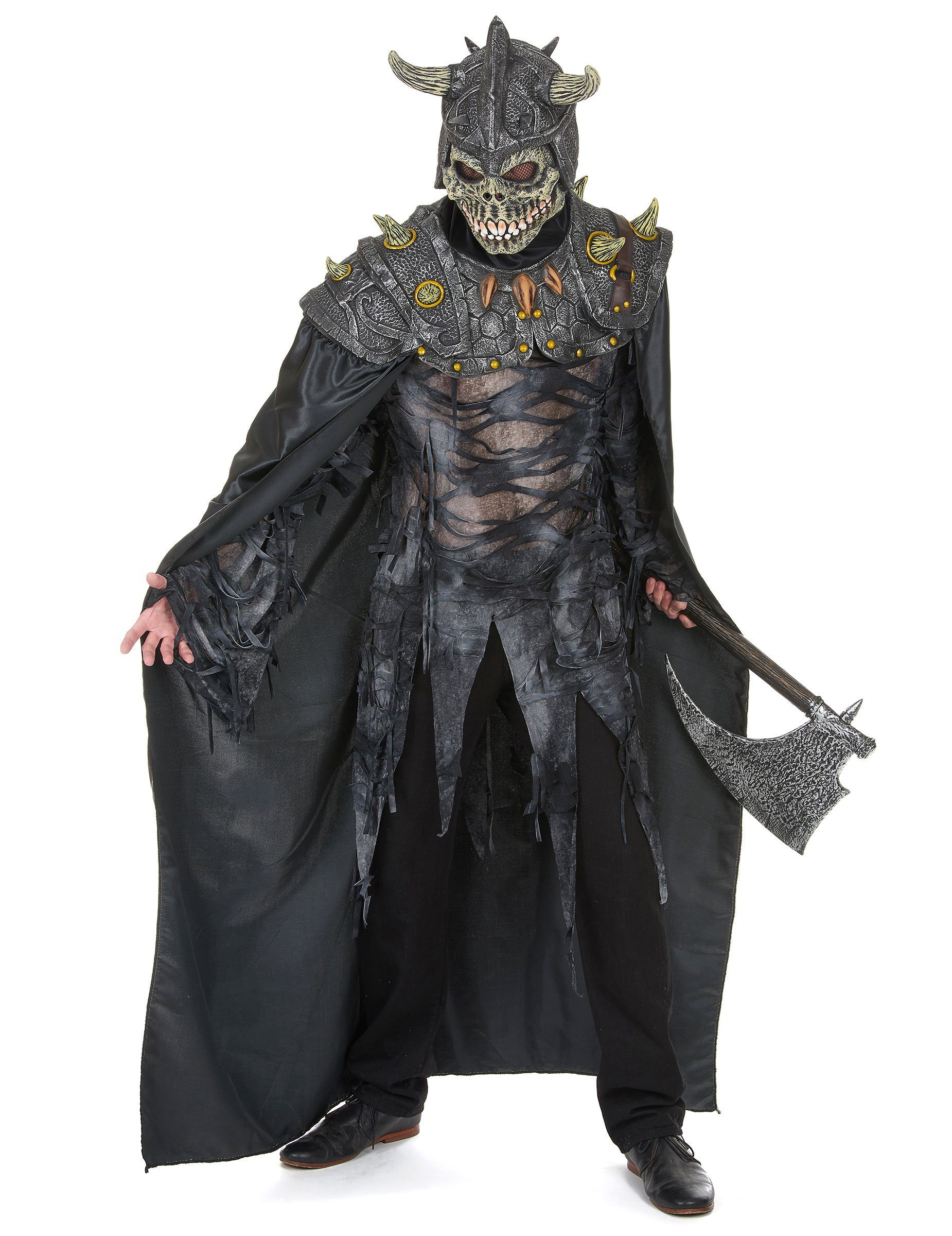 JADEO Monster-Kostüm Skelett-Krieger Halloween Latex-Maske Totenkopf grau-schwarz
