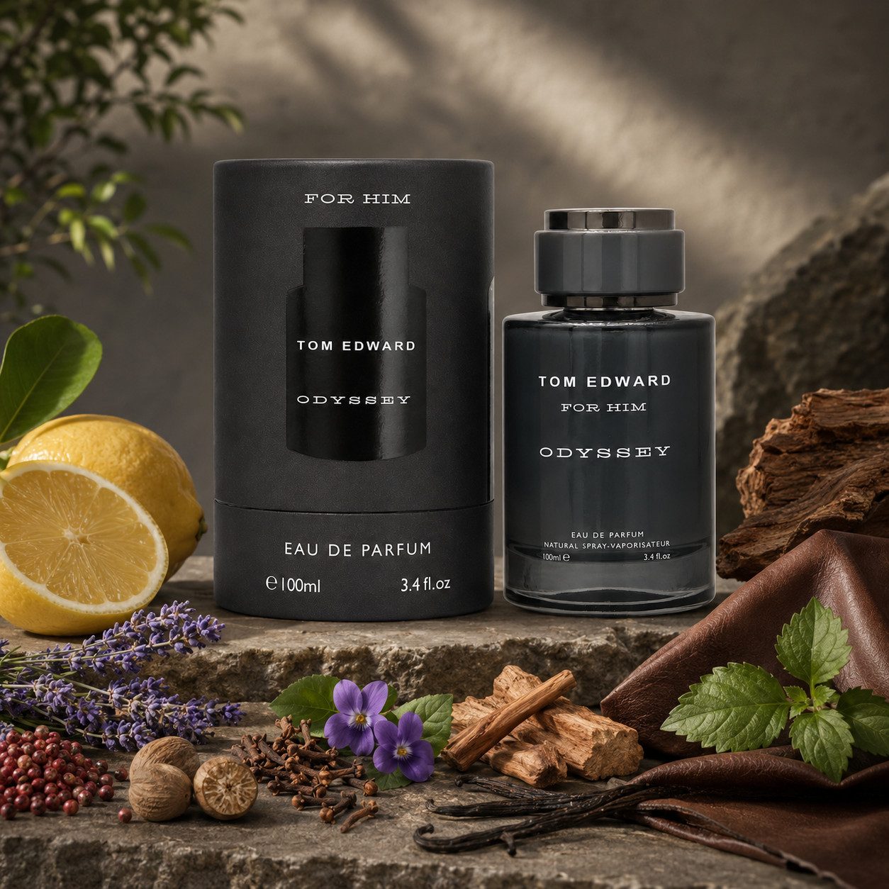 TOM EDWARD Eau de Parfum Tom Edward Odyssey for Him Herrenduft Wurzig Holzig Ledrig e100 ml, Hergestellt in UK, Premium Herenduft, Langanhaltend, Schone Verpackung