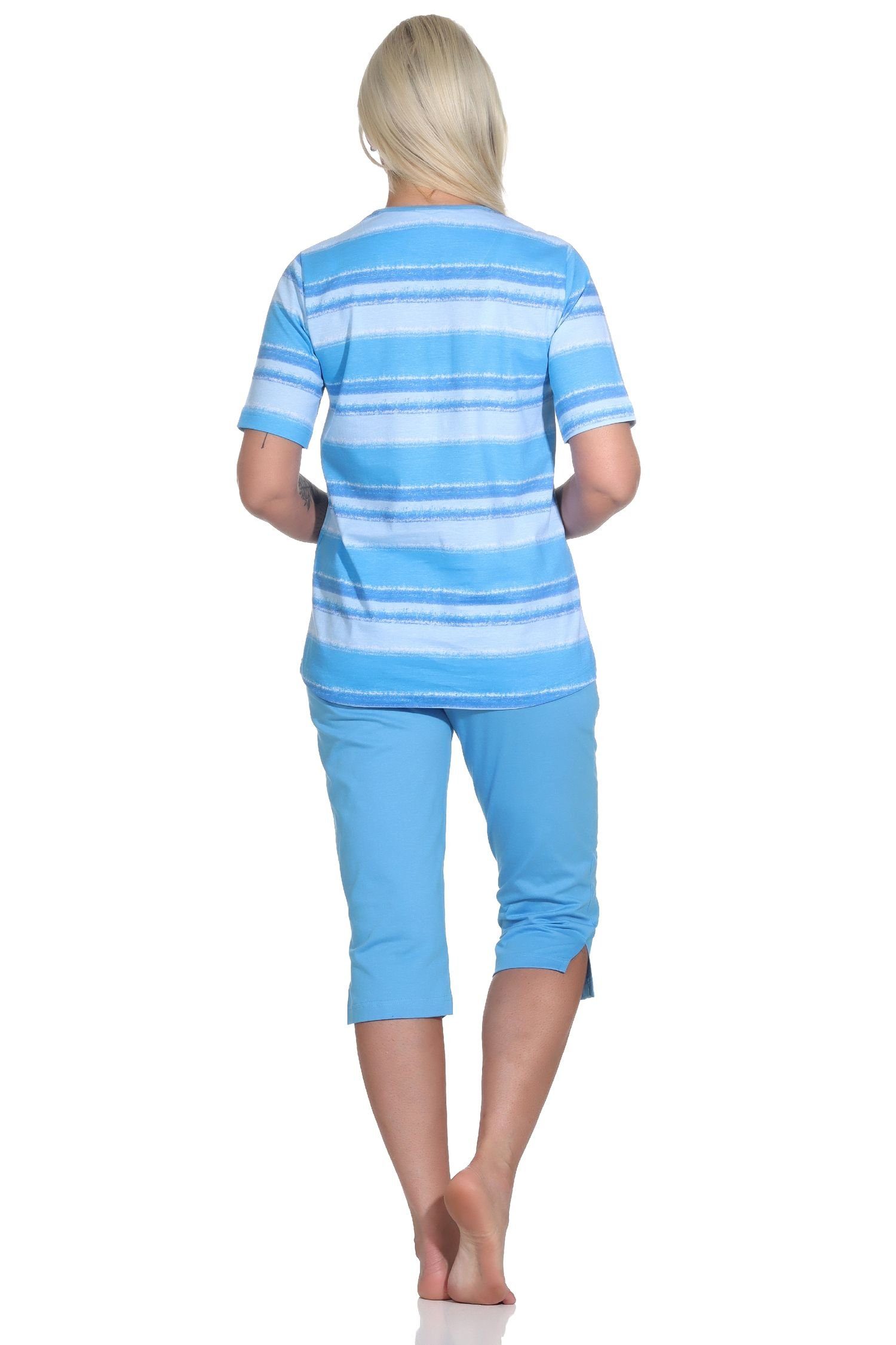 Damen Capri blau Schlafanzug farbenfrohen im Pyjama Normann Pyjama Streifen kurzarm Look