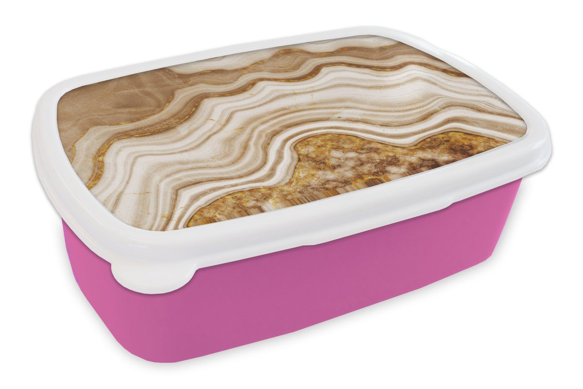 MuchoWow Lunchbox Glitzer - Gold - Achat - Edelsteine, Kunststoff, (2-tlg), Brotbox für Erwachsene, Brotdose Kinder, Snackbox, Mädchen, Kunststoff rosa