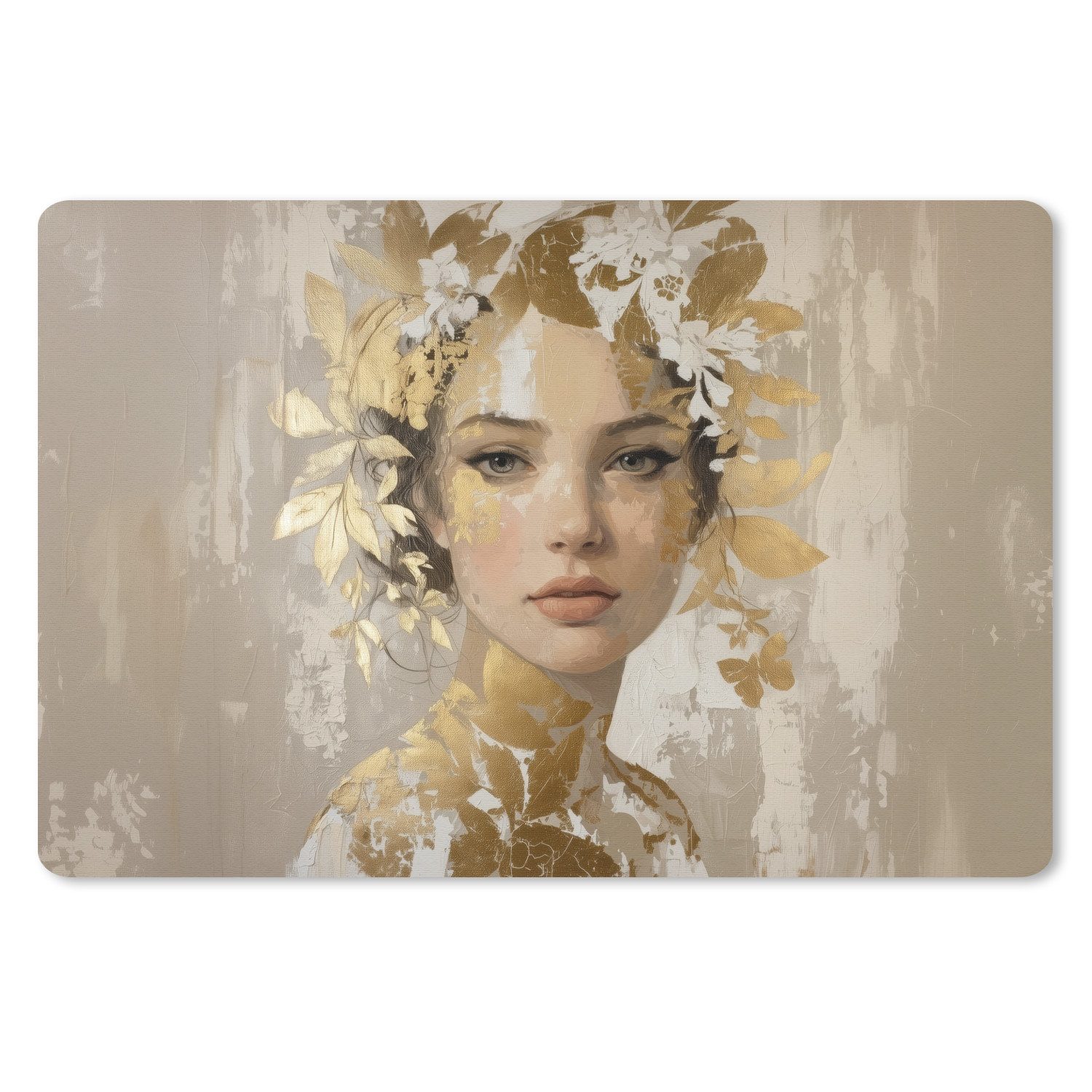 MuchoWow Mauspad Gesicht - Frau - Blätter - Gold (1-St), Mouse pad Klein, Gaming Deko, PC Zubehör, 27x18 cm