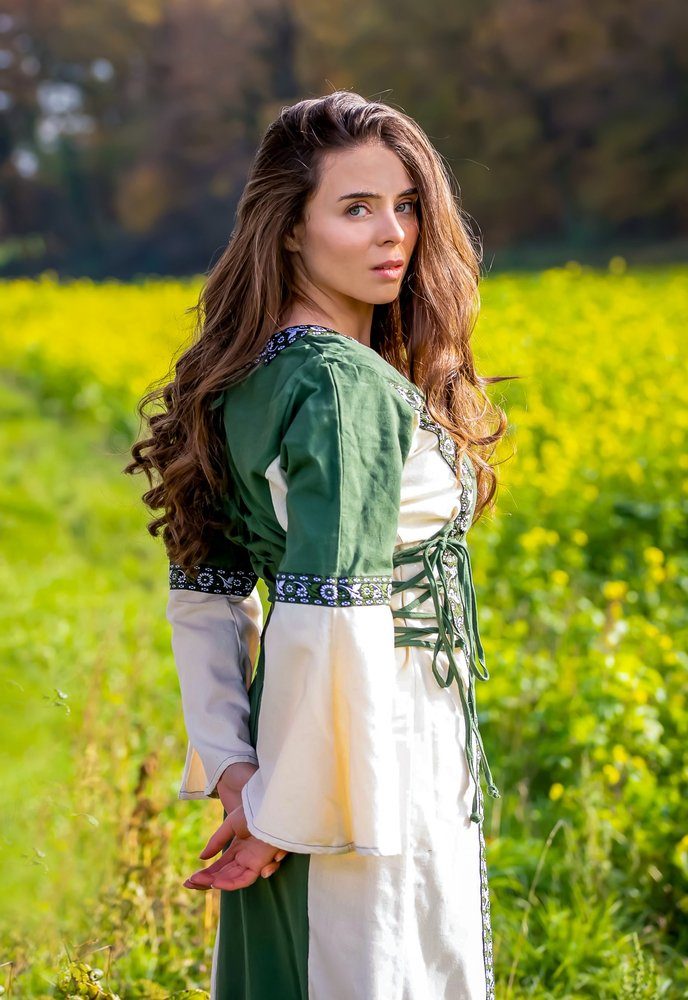 Ritter-Kostüm Mittelalterliches Kleid mit Bordüre "Sophie" - Natur/Grün