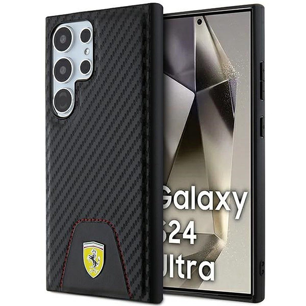 Ferrari Handyhülle Carbon Lederakzent Cover, Carbon-Optik, Leder-Akzent, Metall-Logo, Kameraschutz